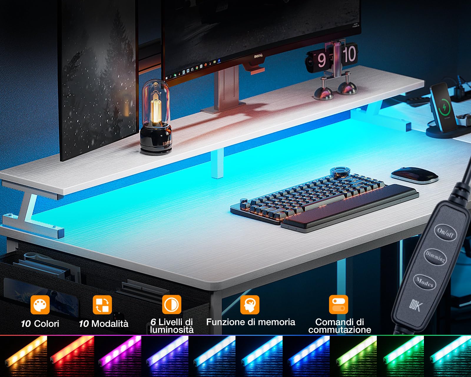 ODK Scrivania Gaming Angolare, Scrivania Angolare Reversibile con 4 Cassetti, Tavolo a Forma di L con LED e 2 Porte di Ricarica USB e 2 Prese di Corrente per Casa Ufficio (Bianco, 160x80x84.7cm)