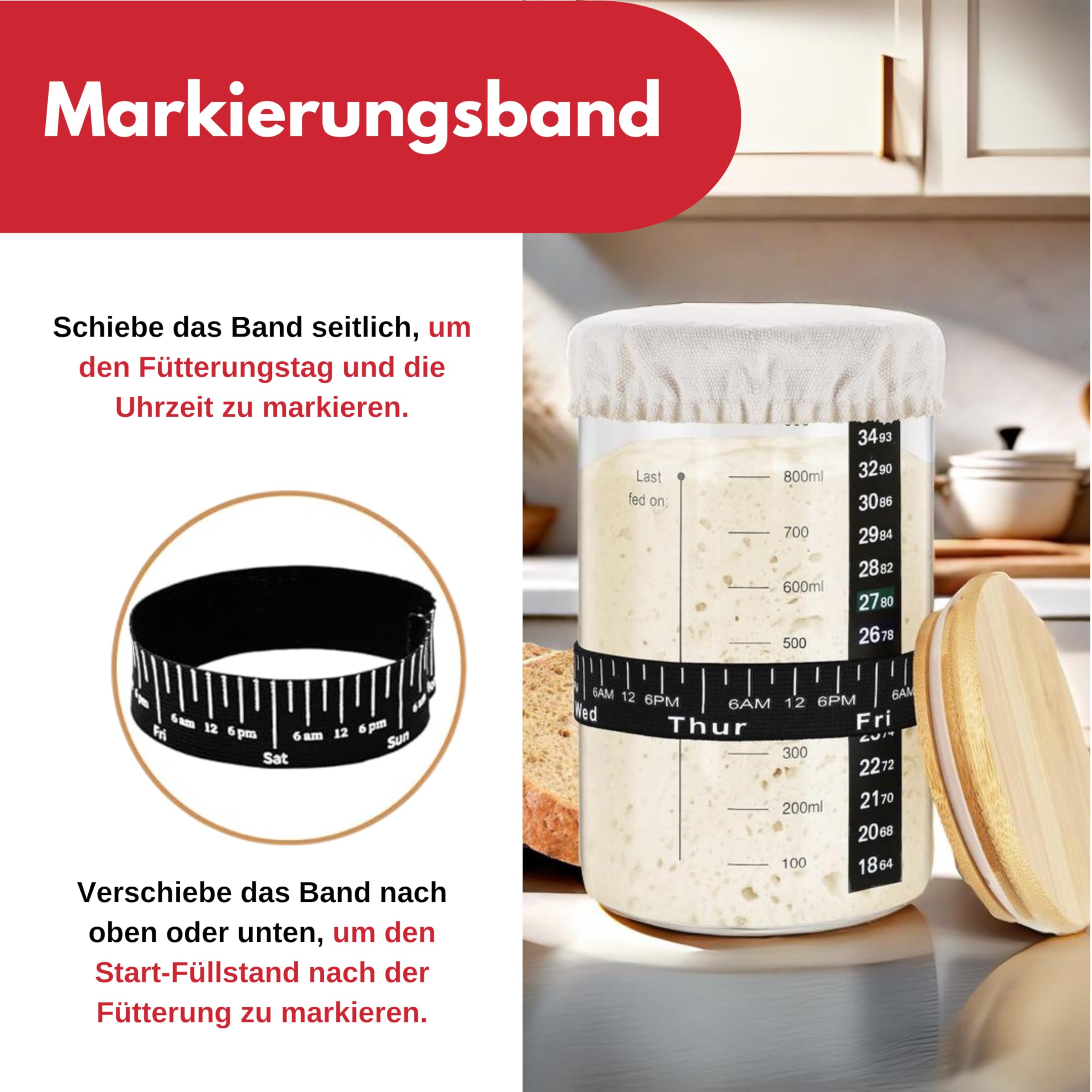 SoLuna. Sauerteig Starter Set Glas 1L/1000ml [Premium aus Borosilikat] - Sauerteig Glas Set mit Datumsband/Thermometer/Spatel/Stoffabdeckung/Deckel/Rezept - Sourdough Starter Kit (Rot, 7-teilig)