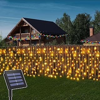 CCILAND Cortina de luces solares para exteriores, 6 m x 1 m, 300 luces LED de alambre verde, impermeable, cortina de cascada, para patio, cenador, fiesta, decoración de verano, blanco cálido