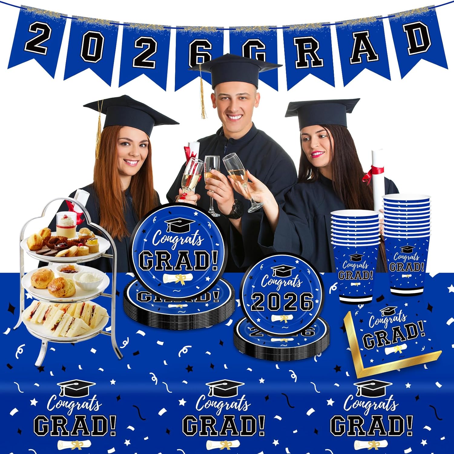 Graduation Decorations 2026 Disposable Blue Graduation Tableware Kit for 25 Guests Plates Napkins Cups Tablecloth Hanging Graduation Party Decorations 2026 - Image 4