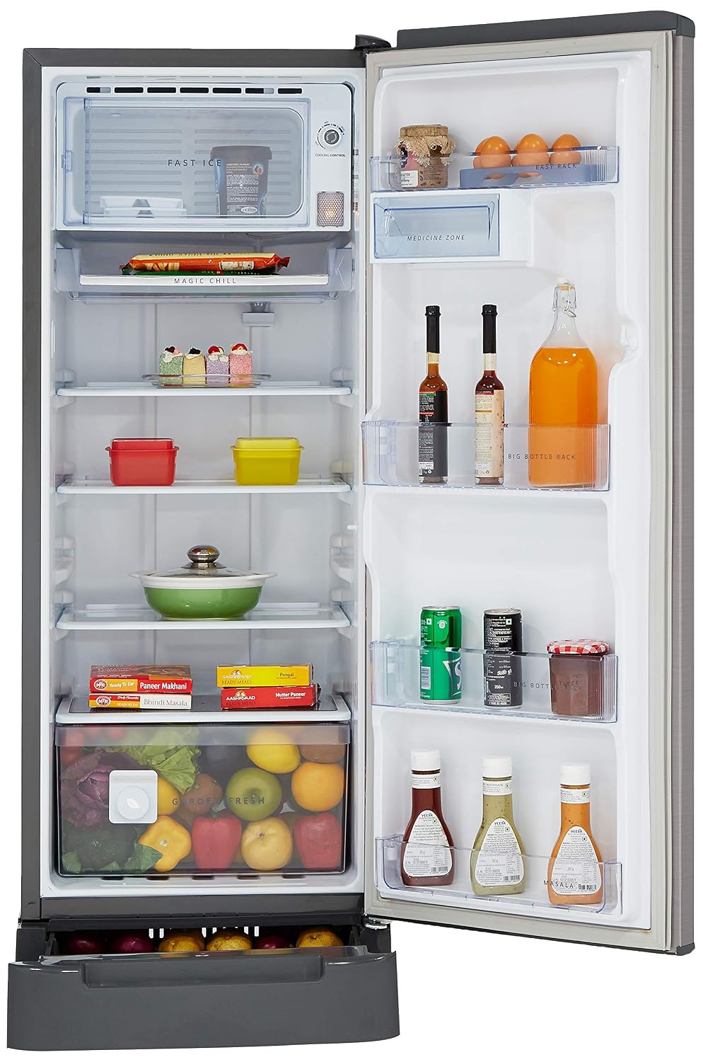 Interior view of the Whirlpool 215 L refrigerator filled with food items.