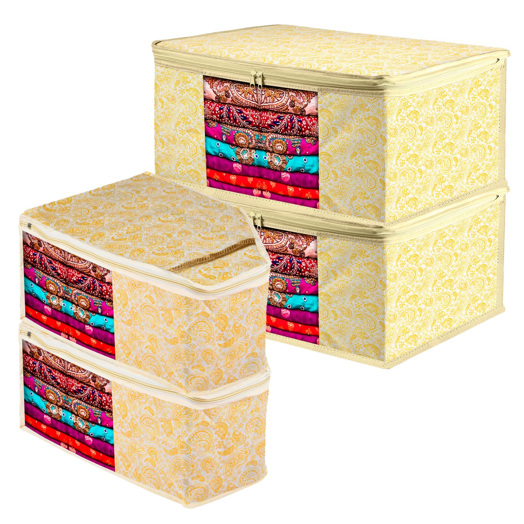 Kuber Industries Saree & Blouse Cover Set | Zipper Closure Organizer Combo | 2 Pieces Saree & 2 Pieces Blouse Cover | Carry-Design | Set of 4 | Yellow