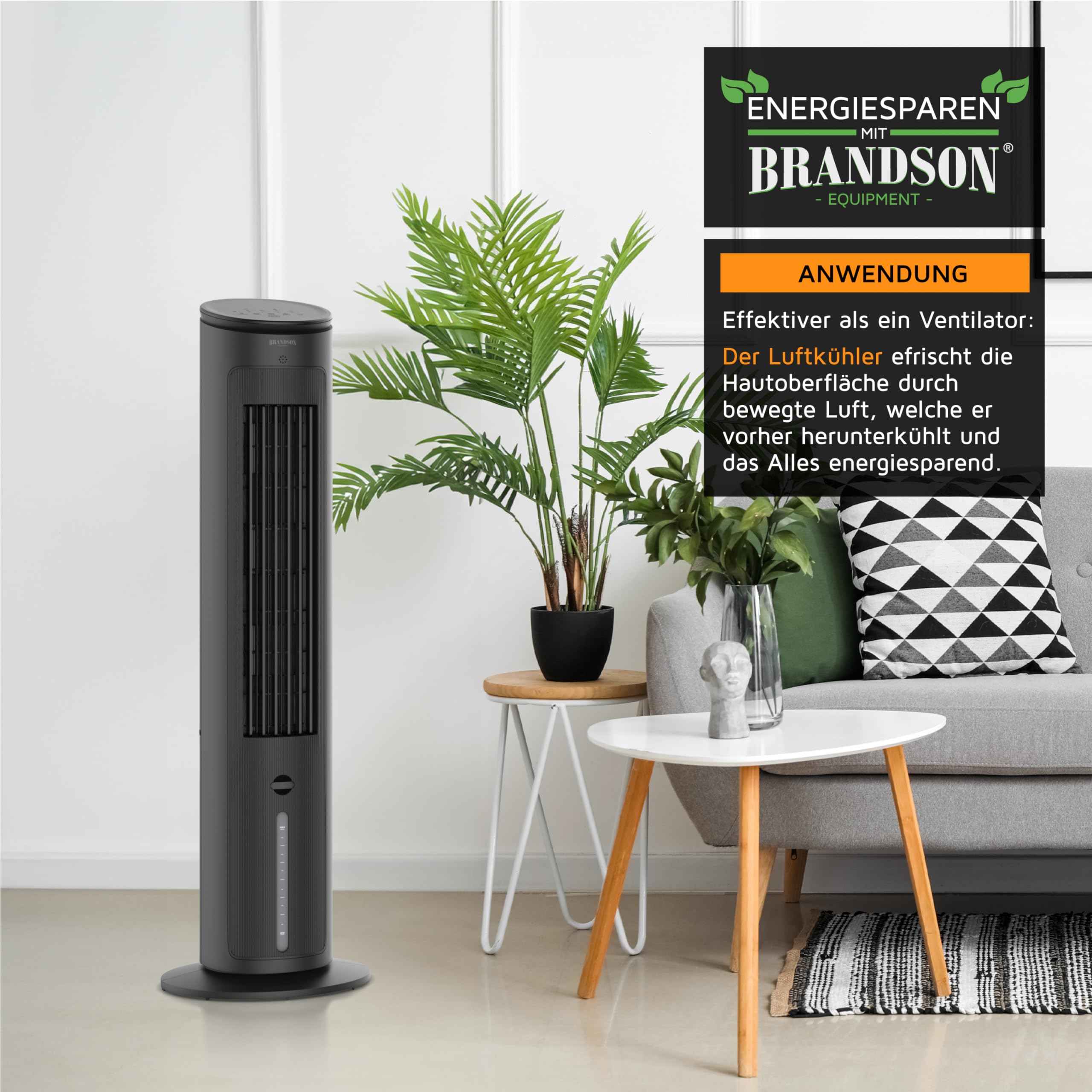 Brandson - Turmventilator mit Wasserkühlung - Preisträger 2026 - Verdunstungskühler - Luftkühler - Ventilator - mobile Klimaanlage ohne Abluftschlauch - 5 in 1 - leise - 4,7 L Wassertank - schwarz