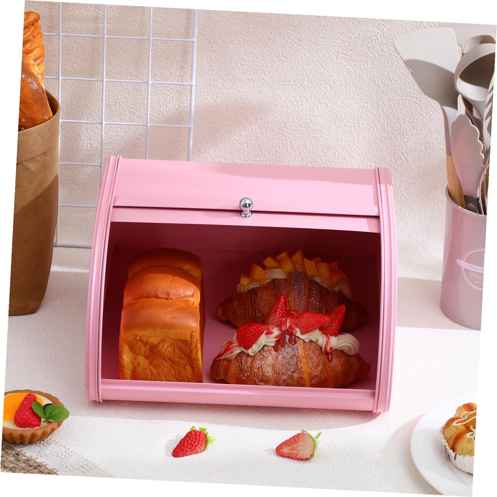 Housoutil Cassetta per Pane in Ferro Rosa Stile Retrò Decorativo | 1 Pezzo, Ventilazione Buona per Conservazione Cibo, Design Porta Scorrevole, Uso Cucina e Casa