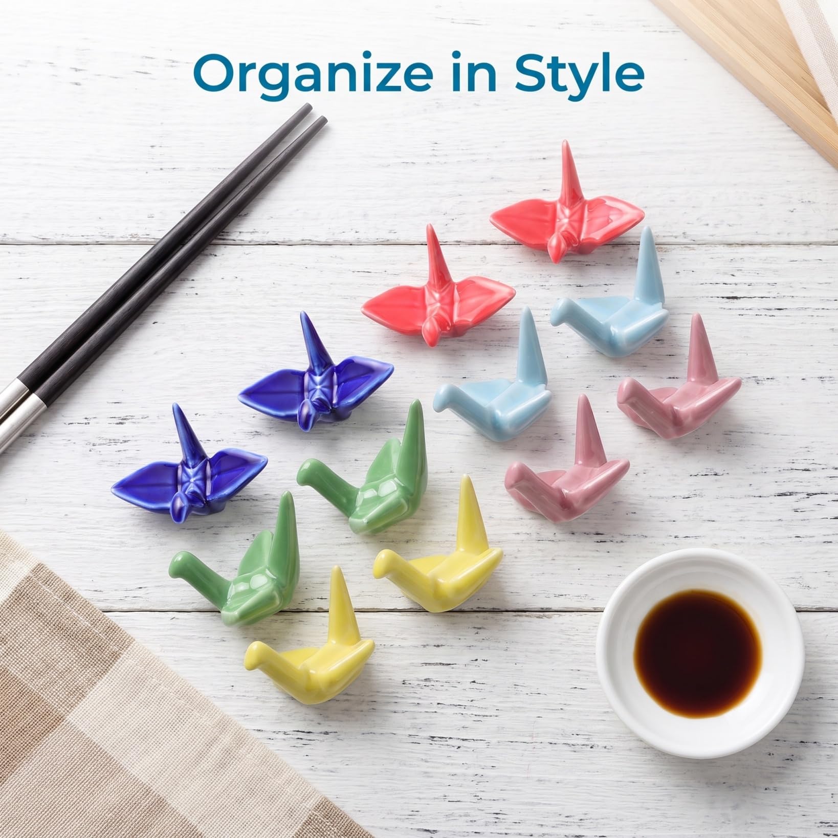 Veemoon Lot de 24 baguettes en porcelaine, support de baguettes en céramique, origami japonais