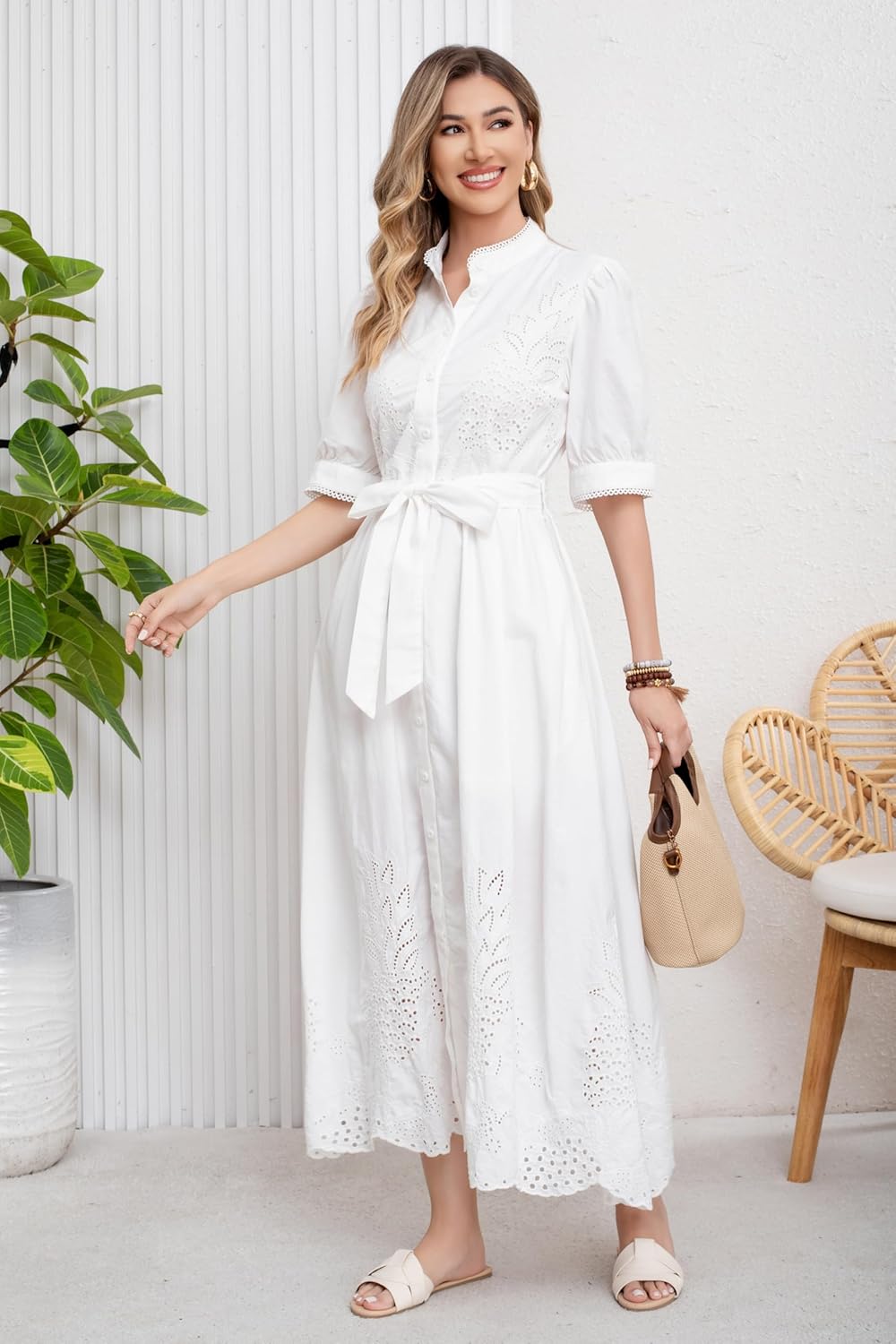 utcoco Women's Embroidered Eyelet Shirt Dresses Belted Puff Sleeve Button Down Swing Boho Cotton Maxi Shirt Dress - Image 5