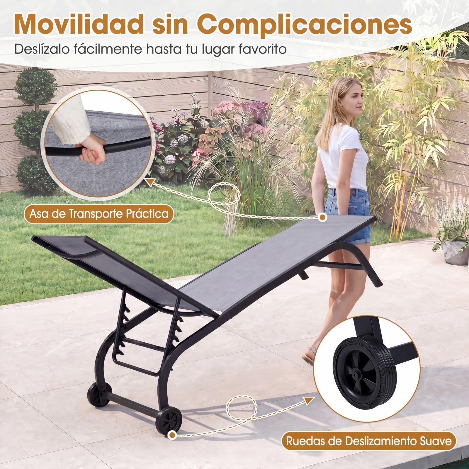 COSTWAY 2 Tumbonas Jardín Exterior con Ruedas, Textilene (Gris,2) | Tumbona Reclinable con Respaldo Ajustable en 6 Posiciones, Espreguiçadeira Jardim Terraza Picina Playa, Carga 150 kg