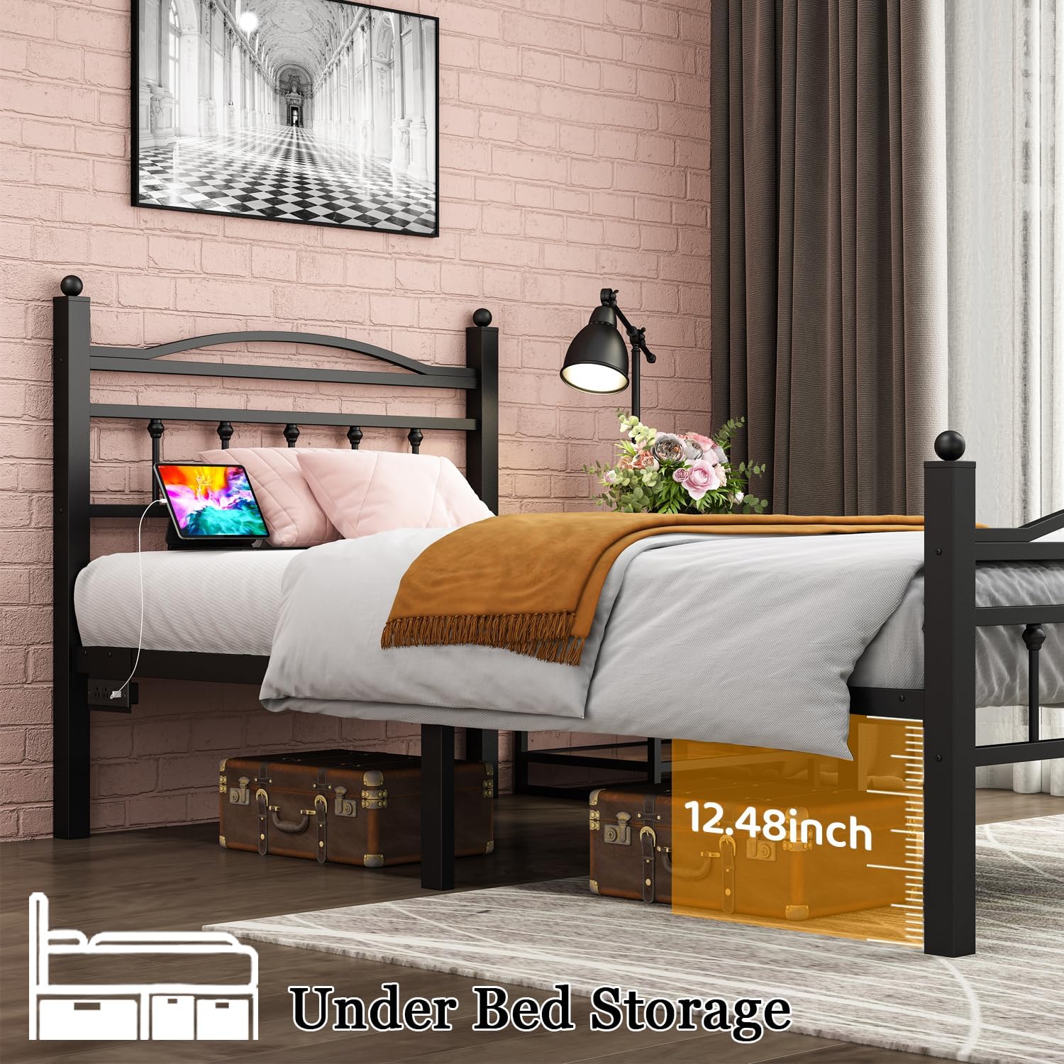 Twin Bed Frames with Headboard, LED Bed Frame with Charging Station, Metal Platform, Under-Bed Storage, No Box Spring Needed, Noise Free, Easy Assembly, Black - Image 5