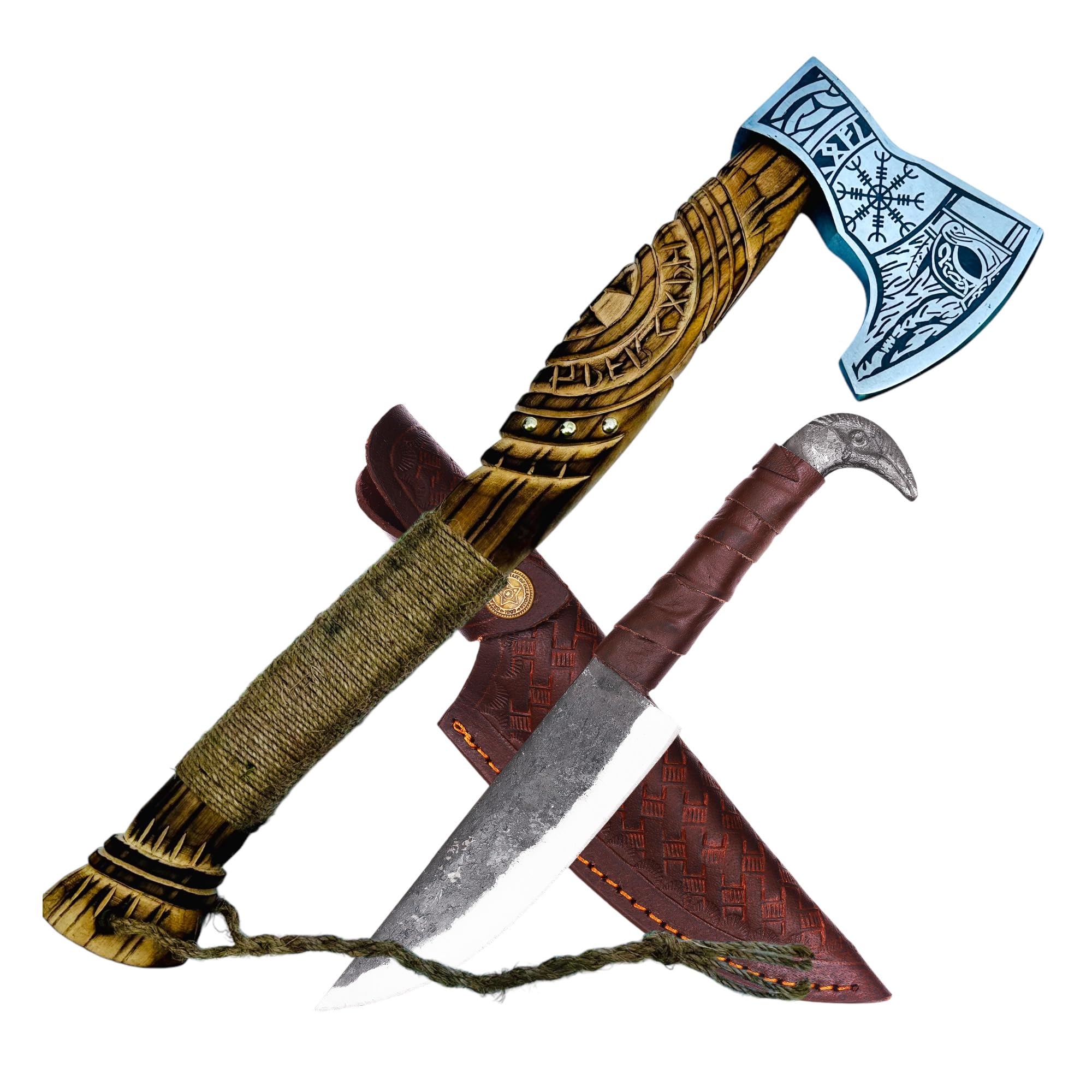 Ascia da ikingo, 52 cn.con lama a testa di rabank, 2 in 1, manico in legno di quercia inciso a mano, lama in acciaio al carbonio, lama LARP con protezione in pelle, regalo per uomini