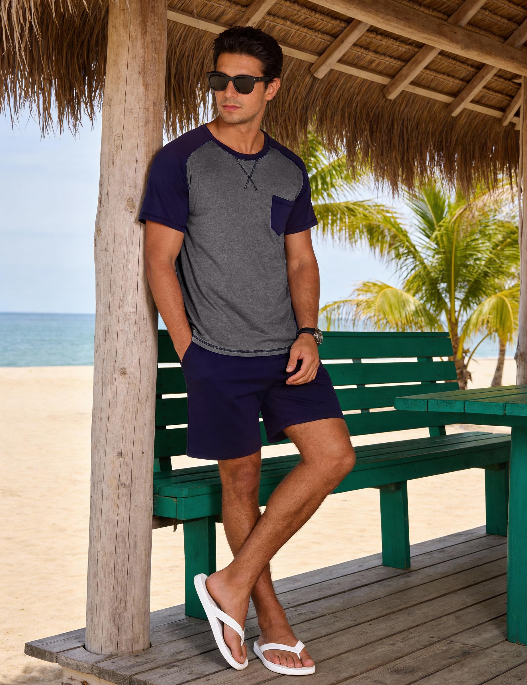 Aseniza Pyjama Homme Été Coton Court Short Ensembles de Pyjama Shorty Vêtements de Nuit Homme Manches Courtes Col Rond Confortables et Respirants