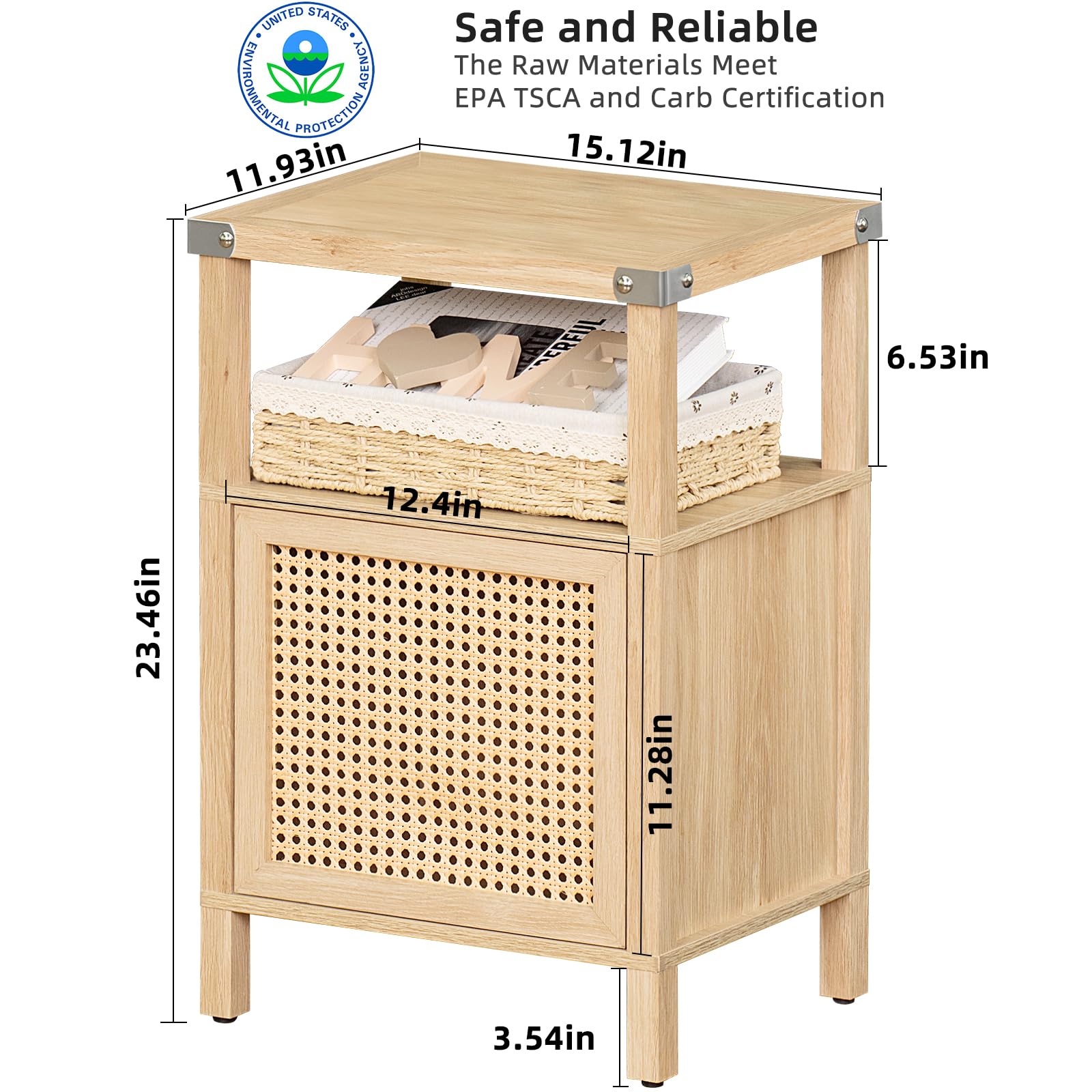 Lerliuo Rattan Nightstand, Boho Side End Table with Handmade Natural Rattan Decorated Door and Open Shelf, Wood Accent Night Stand with Storage, Bedside Tables for Bedroom, Living Room (Natural)