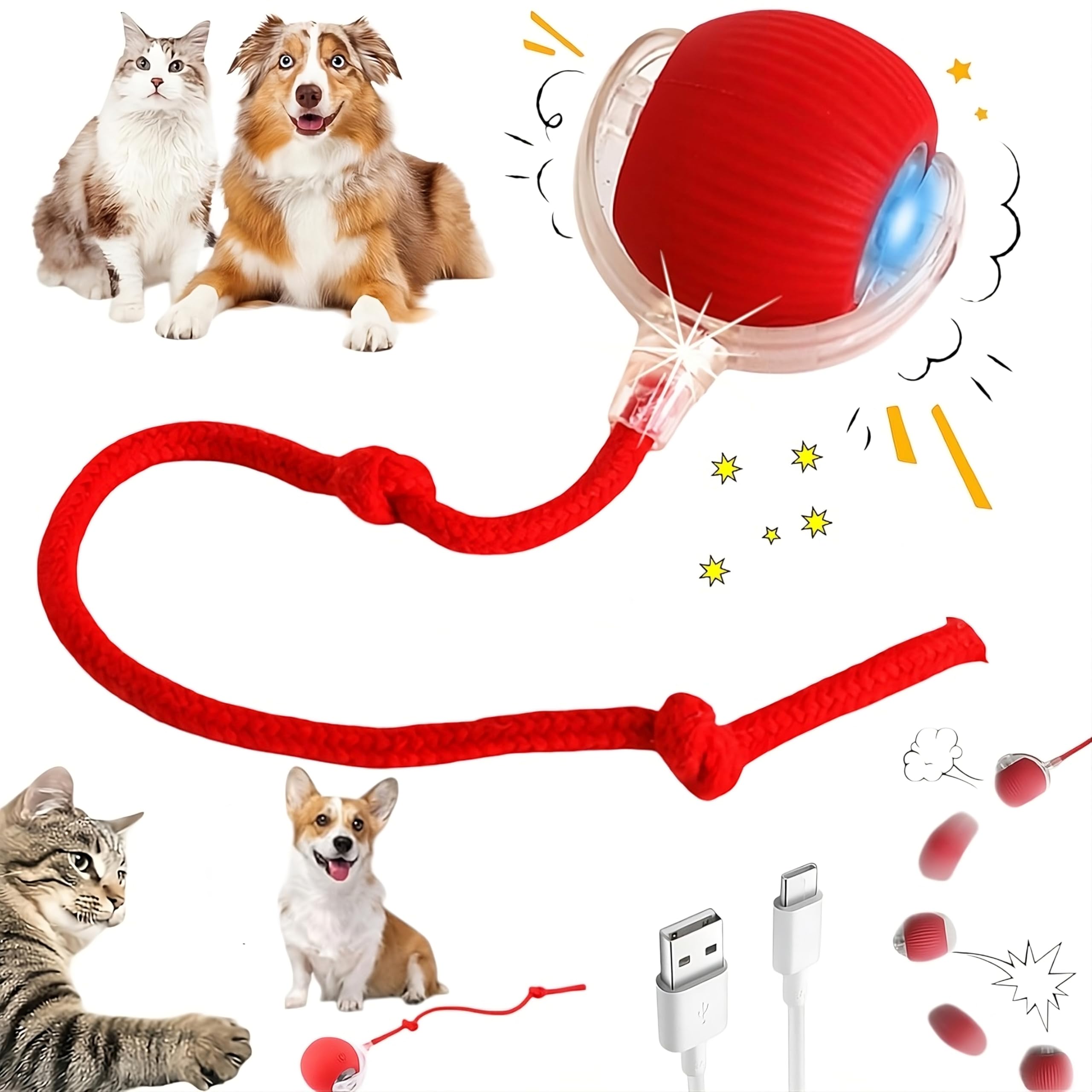 LUXELINE™ Chewie Smart Interactive Cat Ball Toy, 360° Rotating Rolling Ball, Dog Ball, Active Rotating Ball for Dogs, Cat Toys Rolling Toy, Smart Dog Toys, Electric Cat Toy (RED) RED BALL WITHOUT BIRD SOUND
