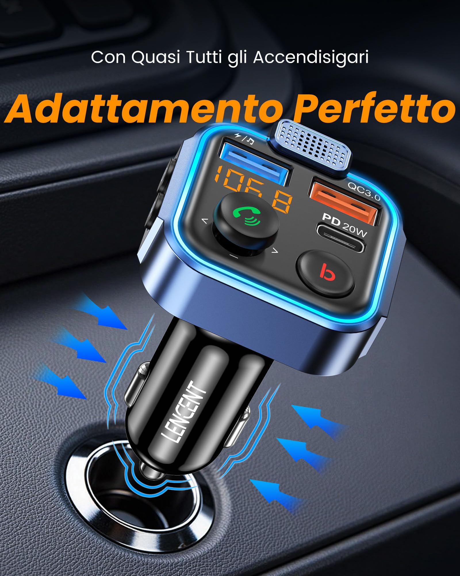 LENCENT Trasmettitore Bluetooth 5.0 per Auto, Musica Bluetooth Auto con Bassi Profondi e Suono Hi-Fi lossless, Ricarica Rapida Tipo-C PD 20W e QC3.0, Supporto Disco U-Luce Blu Sfumata