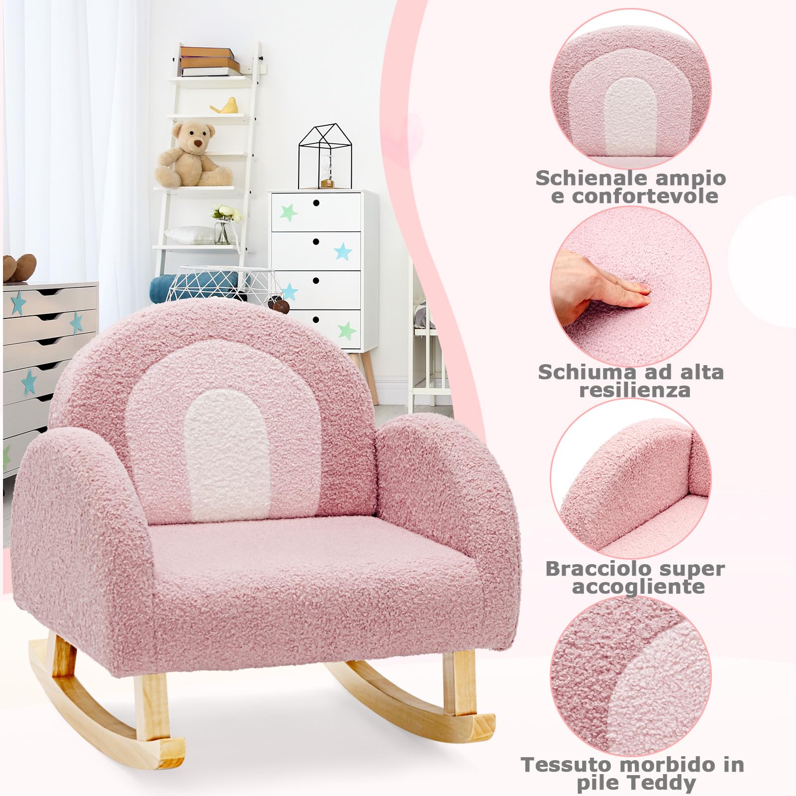 COSTWAY Sedia a Dondolo per Bambini con Gambe in Legno Massiccio, Poltrona a Dondolo per Bambini con Cuscinetti Antiscivolo, per Stanza dei Giochi, Camera da Letto, Scuola Materna (rosa)