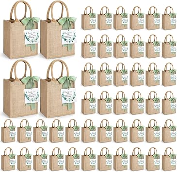 GliCraft 50 Pack Burlap Jute Tote Bags with Handles - Reusable Welcome Gift Bags Bulk with Green Ribbons Thank You Gift Tags DIY for Wedding Hotel Guests Beach Parties Baby Showers Bridesmaid