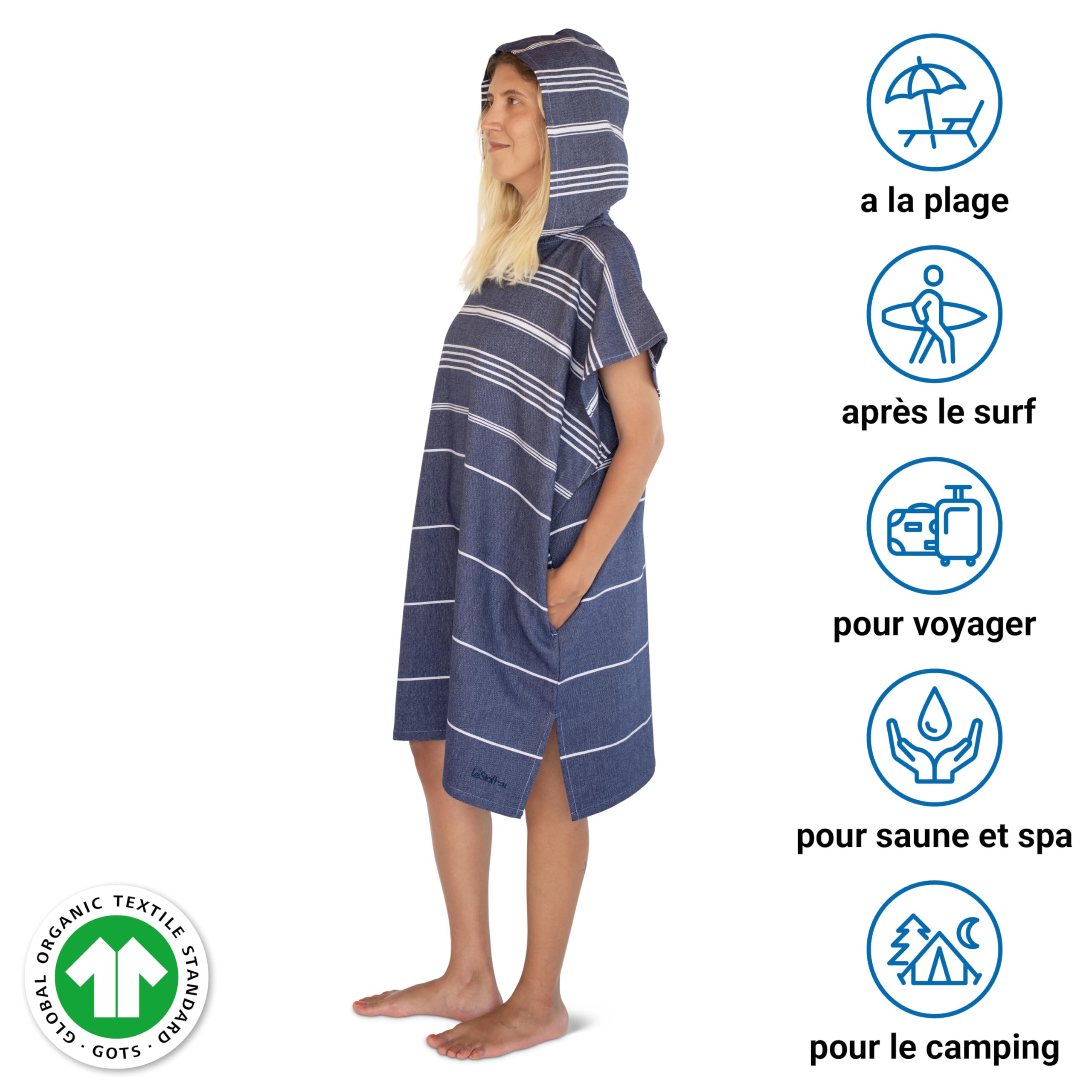 LeStoff Poncho de Bain Adulte, 100% Coton Bio, Bleu Marine, S | Poncho de surf à capuche et serviette de change pour plage, piscine et camping – léger, durable, absorbant, séchage rapide