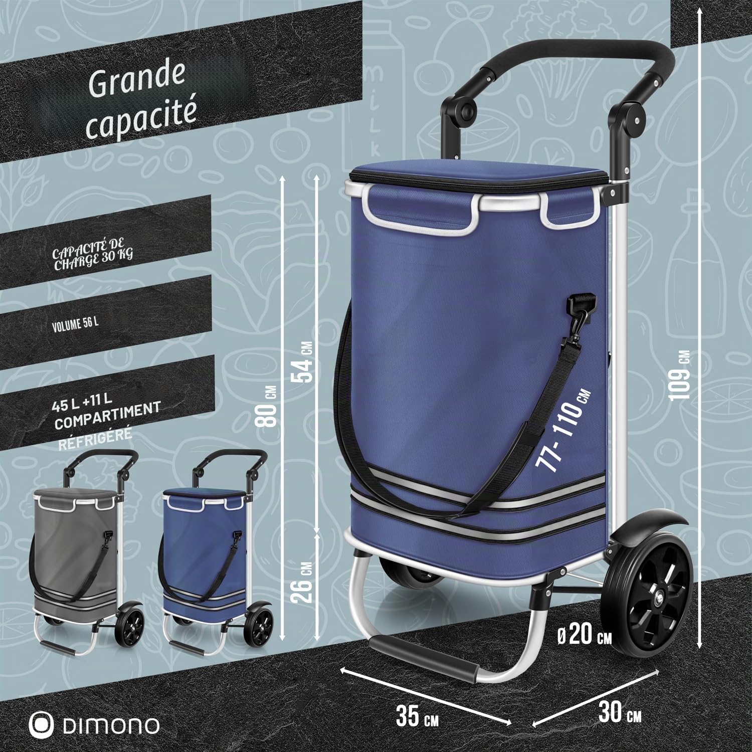 Dimono® Chariot de Courses Pliable 3-en-1 avec Compartiment Isotherme 56 L