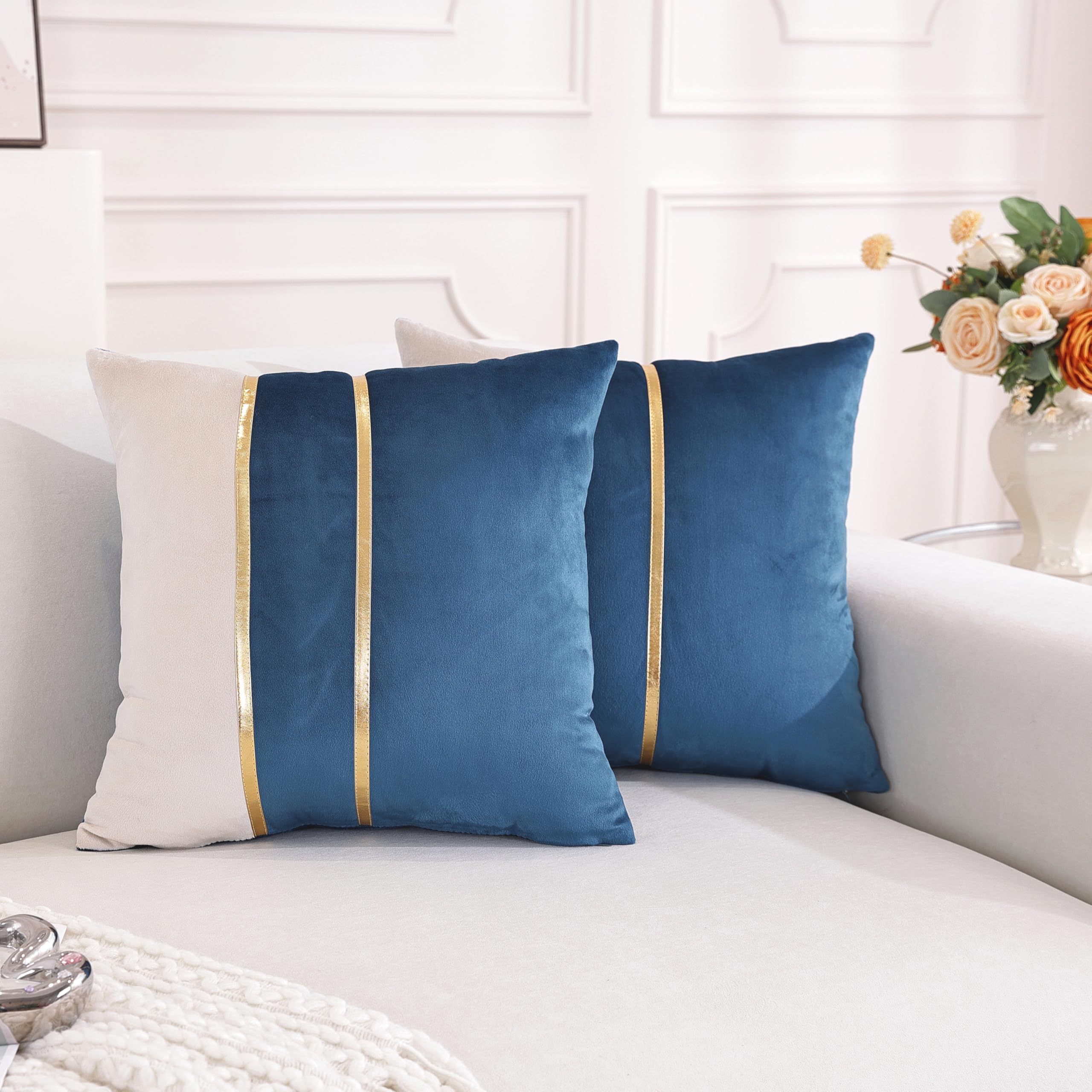 TAOSON Velvet Throw Pillow Covers,Pack of 2 Soft Decorative Cushion Covers Cases Dark Blue Beige Patchwork with Gold Leather for Sofa Bedroom