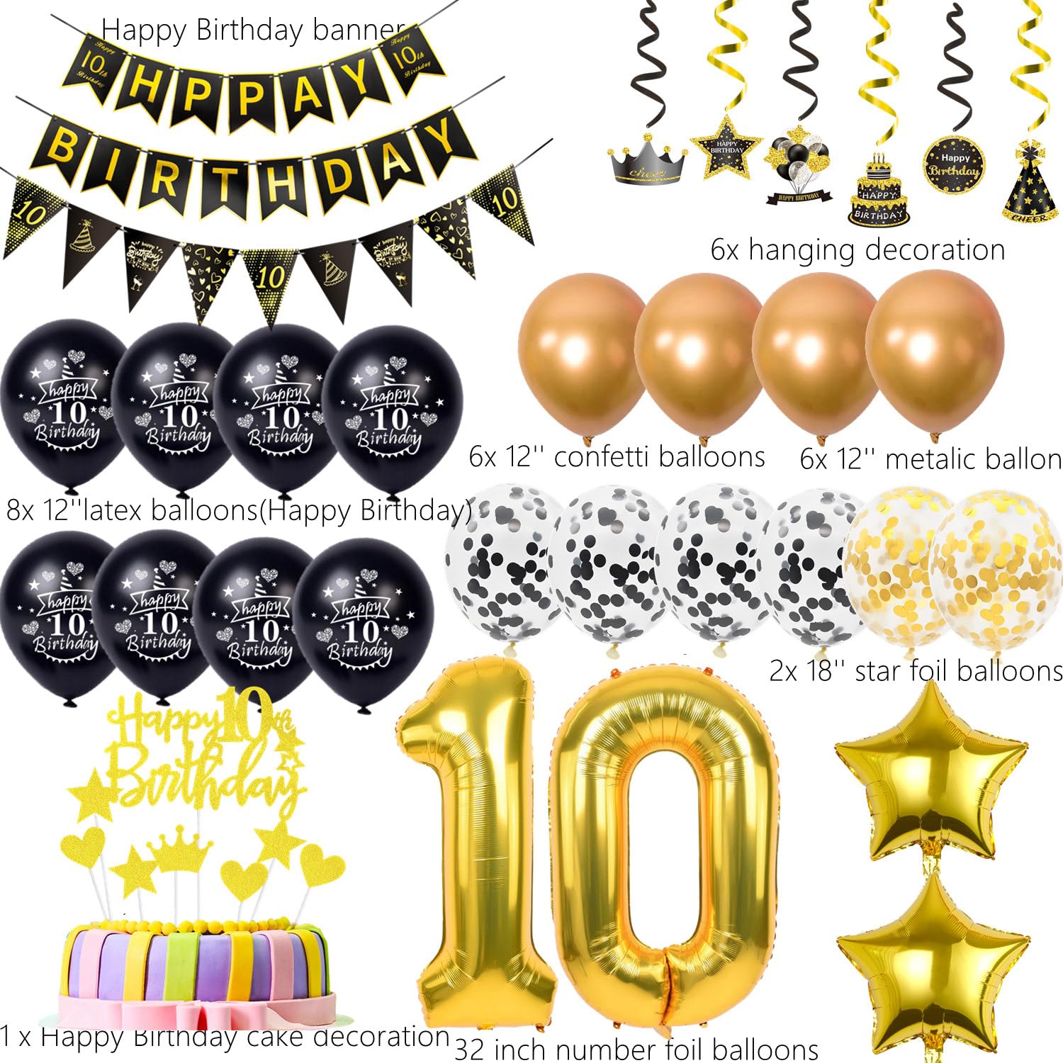 10. Geburtstag Deko Junge - Ballongirlande Schwarz Silber Gold, Mit Banner, Zahl 10, Sternen Und 114 Luftballons, Partydeko