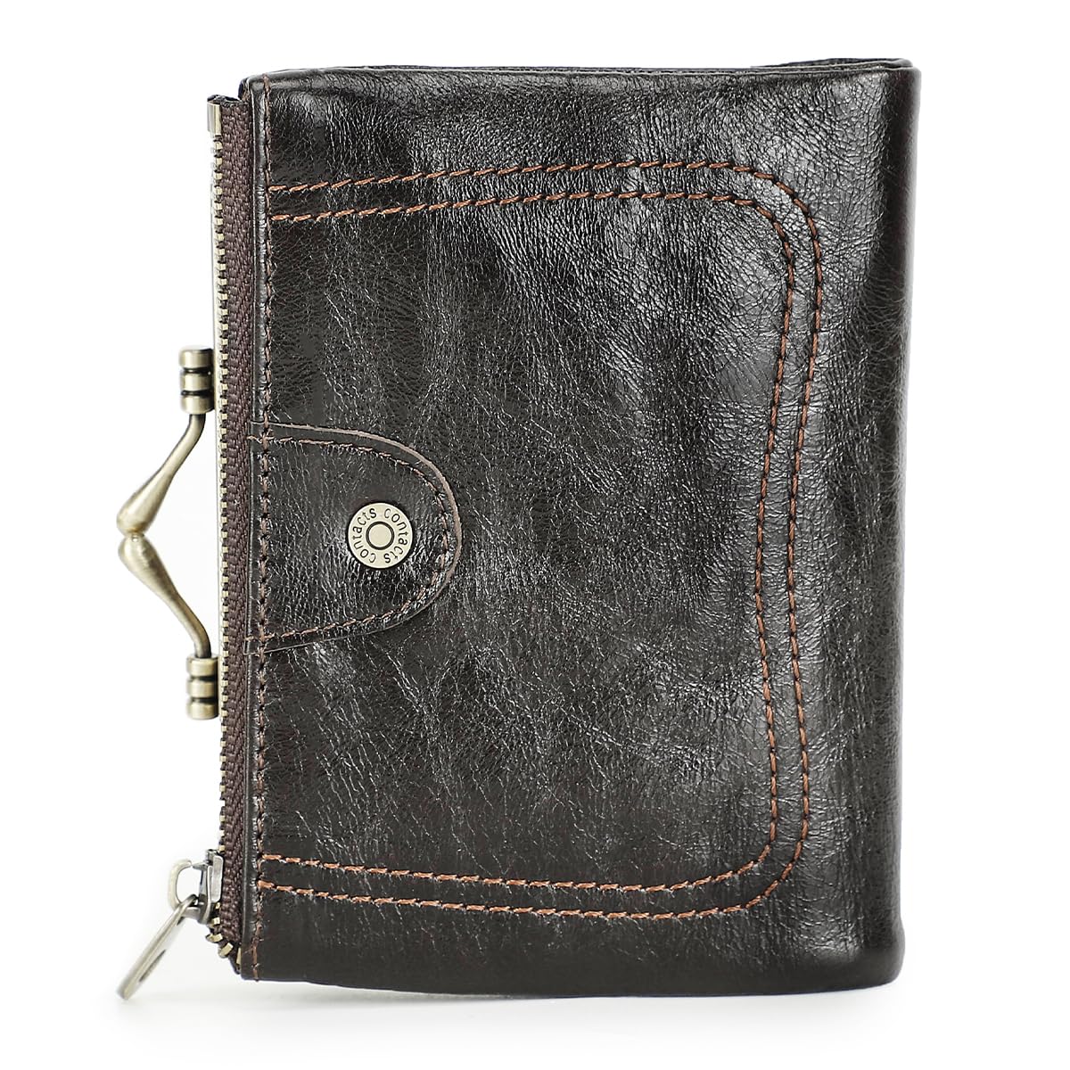 CONTACTS Full Grain Leather Kiss Lock Wallet for Women Small Zipper Coin Pocket Vintage Bifold Rfid Purse Card Holder with Photo Window