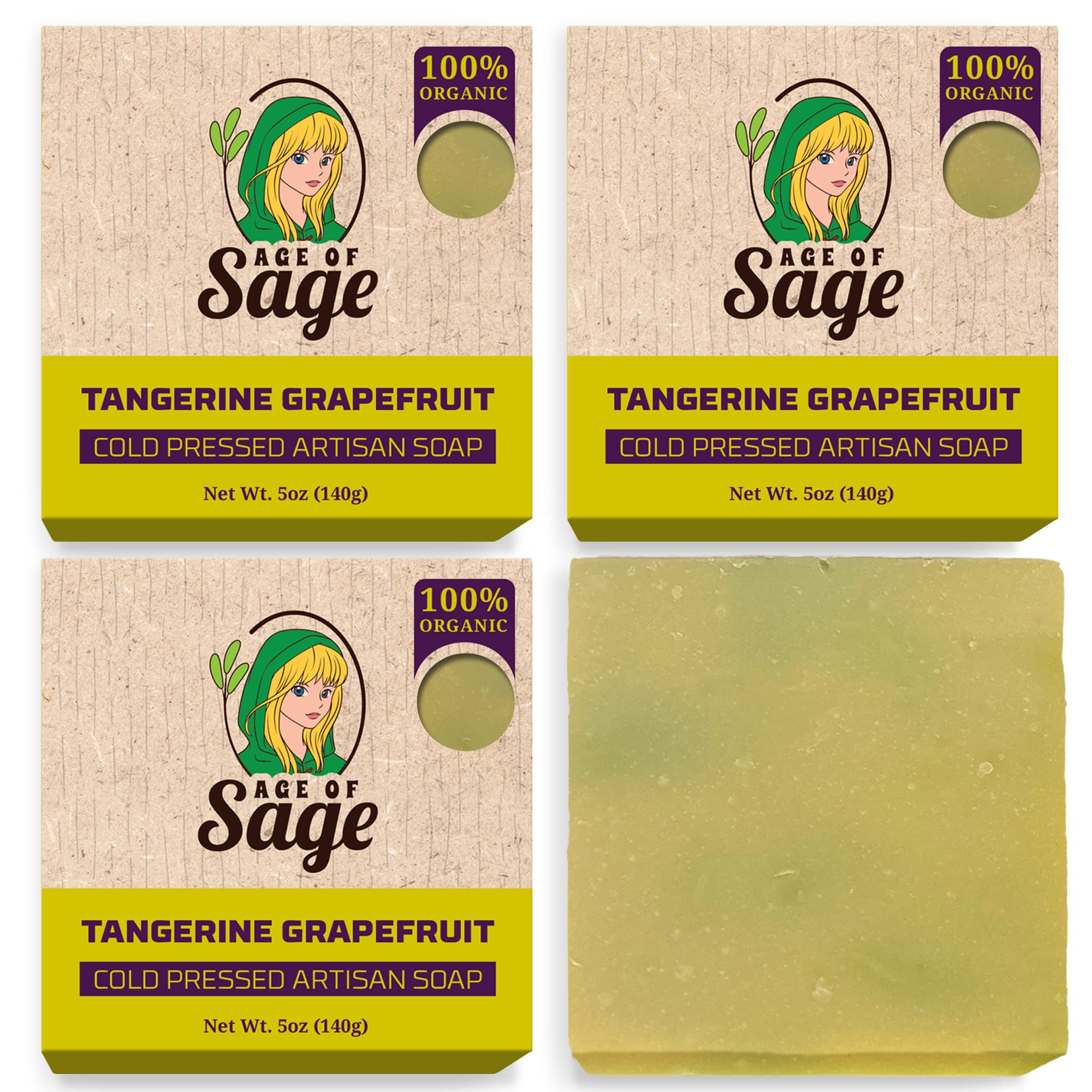 Natural Bar Soap for Women - Vegan Bath Soap Bars Gift Set - Handmade Cold Process Artisan Soap with Essential Oil, Moisturizing Wash Soaps, Fragrant Tangerine Grapefruit Scent by Age of Sage (4 Pack)