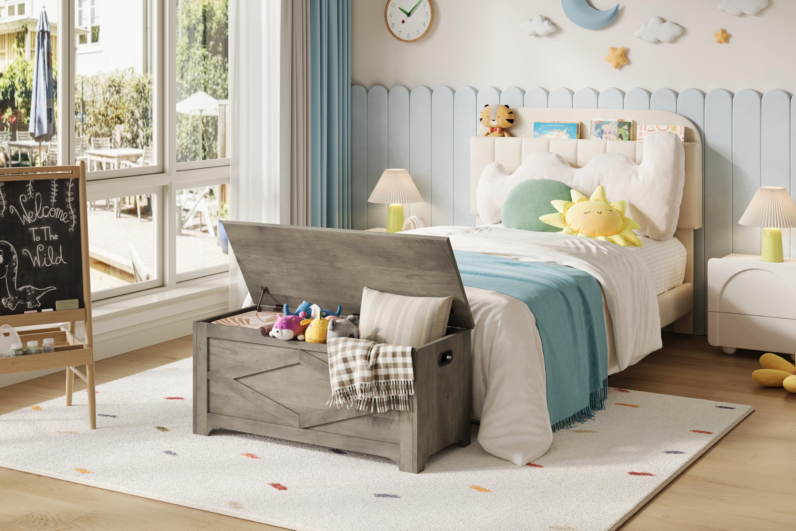 GarveeHome Graue Sitzbare Aufbewahrungsbox im Bauernhaus-Stil, 136kg Tragfähigkeit, Großkapazität Für Spielzeug & Kleidung, Für Kinderzimmer & Wohnzimmer, Größe 100 x 40 x 45 cm