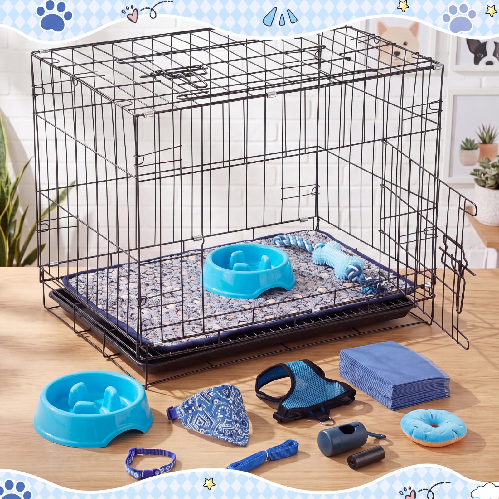 SmoothNovelty Kit de iniciación de 35 piezas para cachorros para perros pequeños, regalo esencial para cachorros, incluye jaula para perro, correa, cuencos, manta, juguete para masticar y más