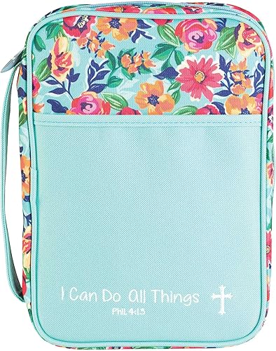 Dicksons I Can Do All Things - Funda de lona grande con cremallera y asa para la Biblia con diseño floral azul