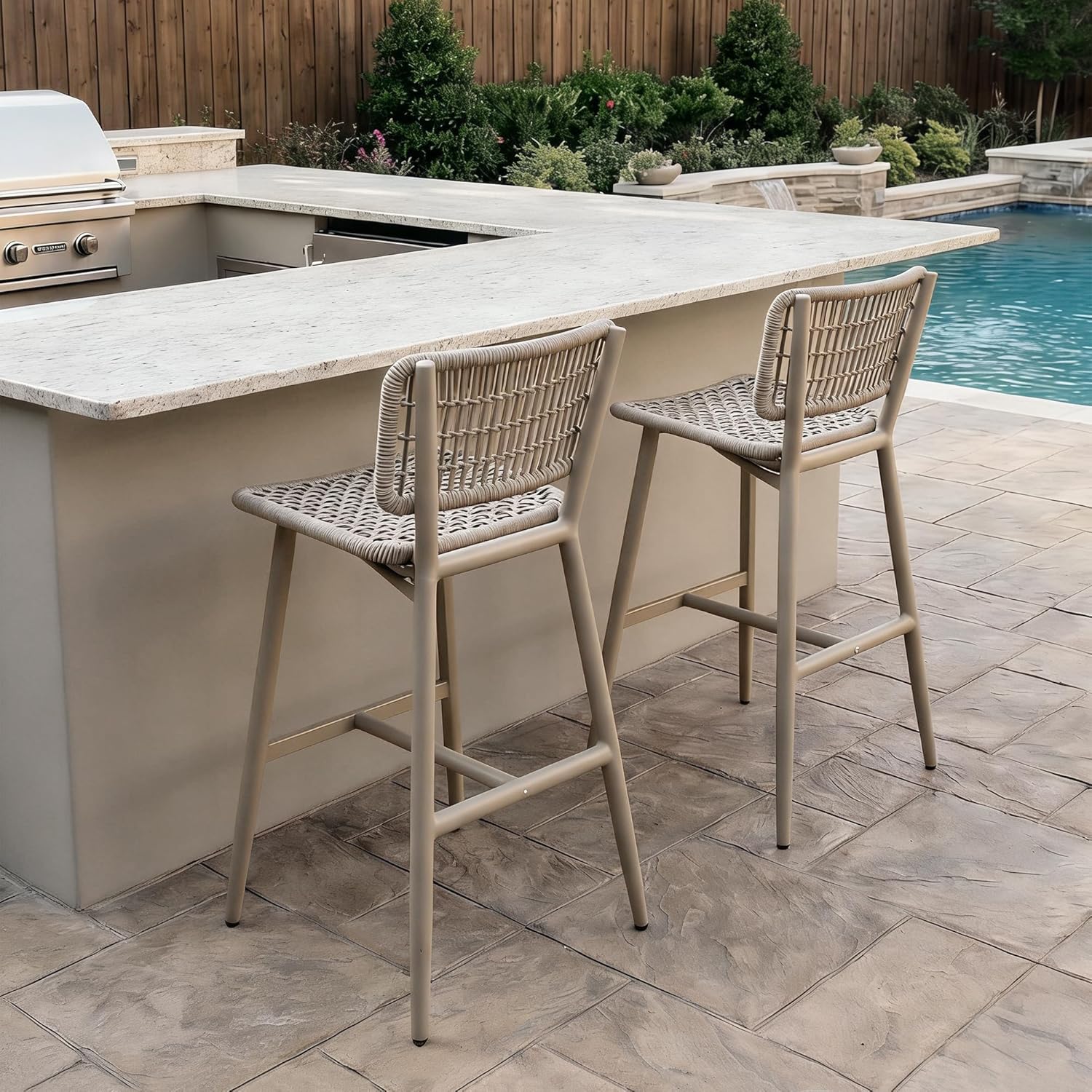 PURPLE LEAF Bar Stools Set of 2 Patio Wicker Bar Height Metal Chairs Boho High Barstools with Back for Kitchen Indoor Island Pool Outdoor Bar Chairs Champagne