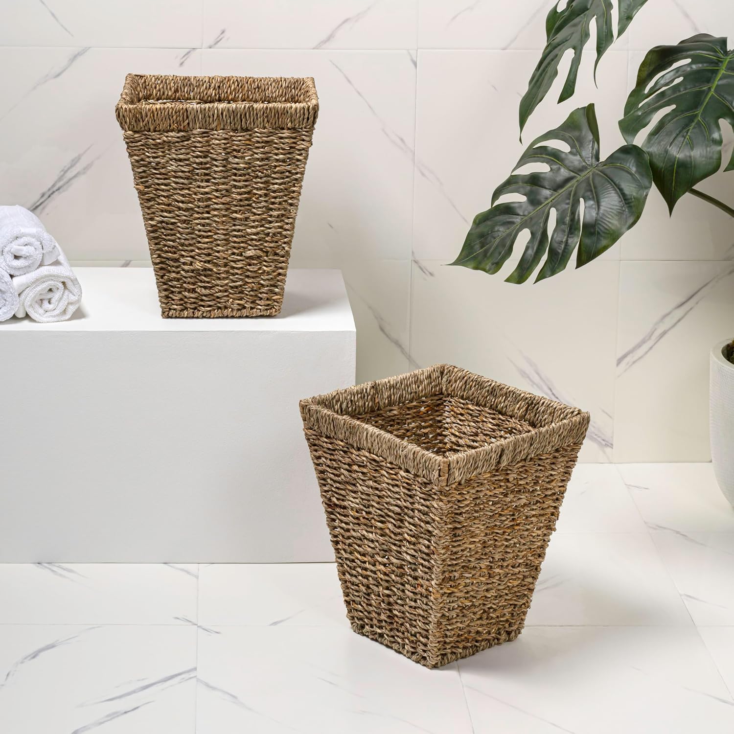 happimess HPM1405A-SET2 Alden Rustic Bohemian Handwoven Seagrass 2.3-Gallon Tapered Square Wicker Watebasket, Natural (Set of 2)
