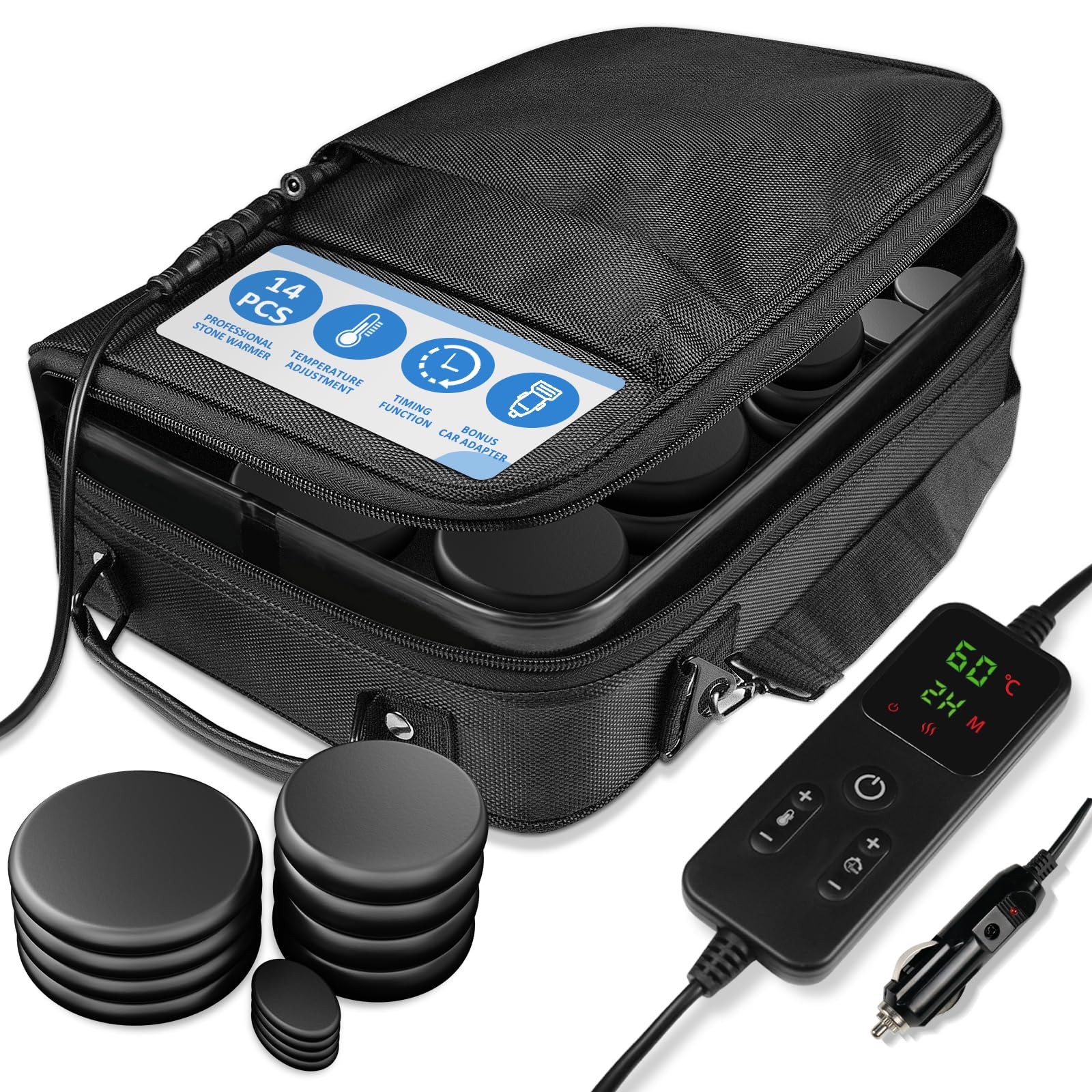 Calentador profesional de piedras calientes, juego de calentadores de piedras de masaje, set de masaje eléctrico portátil, 14 piedras de masaje calientes de basalto, para terapia de masaje, relajación