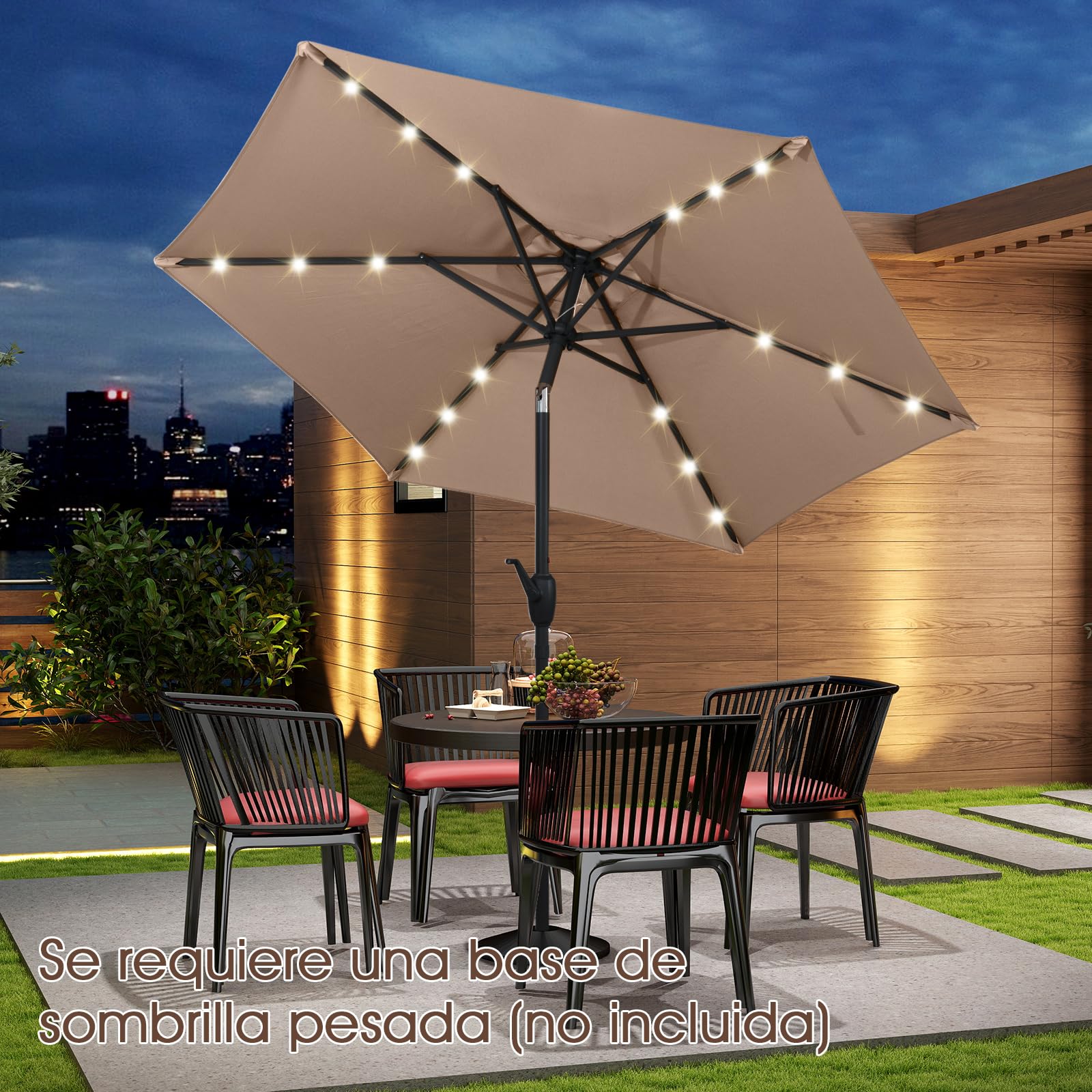 GYMAX Ombrellone da Giardino 2,3 M con Luci, Pannello Solare, 6 Stecche, Manovella e Palo in Metallo Resistente, Ombrelloni Regolabile 35° per Esterni per Spiaggia Mare Terrazzo Patio