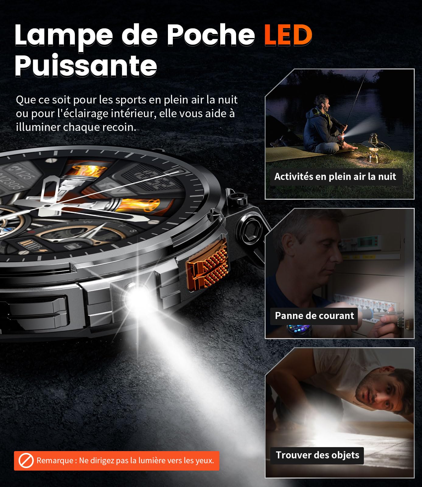 Montre Connectée Homme avec 1,85'' HD Grand Écran/LED Lampe/730mAh Batterie,Smartwatch Homme avec 120+ Modes Sportifs,24/7 Moniteur de Fréquence Cardiaque et Sommeil,IP68 Étanche pour Android iOS