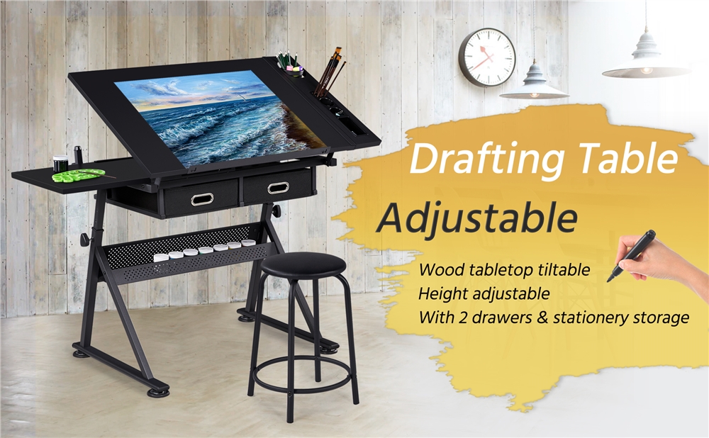 Yaheetech Height Adjustable Drafting Table Drawing Table Artist Desk Tilting Tabletop Art Craft Desk Watercolor Paintings Sketching Work Station w/2 Storage Drawers and Stool for Yaheetech Height Adjustable Drafting Table Drawing Table Artist Desk Tilting Tabletop Art Craft Desk Watercolor Paintings Sketching Work Station w/2 Storage Drawers and Stool for