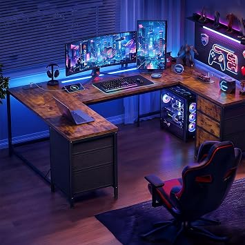DurayLoly 67" Large Gaming Desk with Power Outlets for Bedroom,Brown