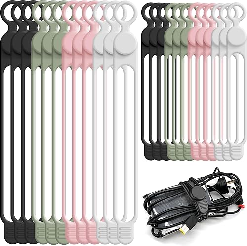Miniatura 22 de Nearockle 24 bridas reutilizables de silicona para cables, organizador para atar cables de auriculares, cargador de teléfono y computadora, en el