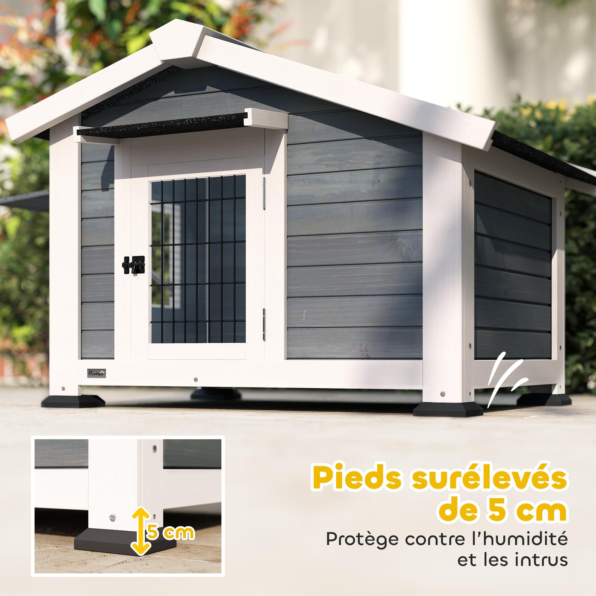 PawHut Niche pour Chien Extérieur en Bois avec Plancher Amovible - Abri Jardin Surélevé avec Auvent de Porte, Toit Imperméable, Fenêtre Ouvrable - Maisonnette pour Chien Chat Moyen et Petit, Gris