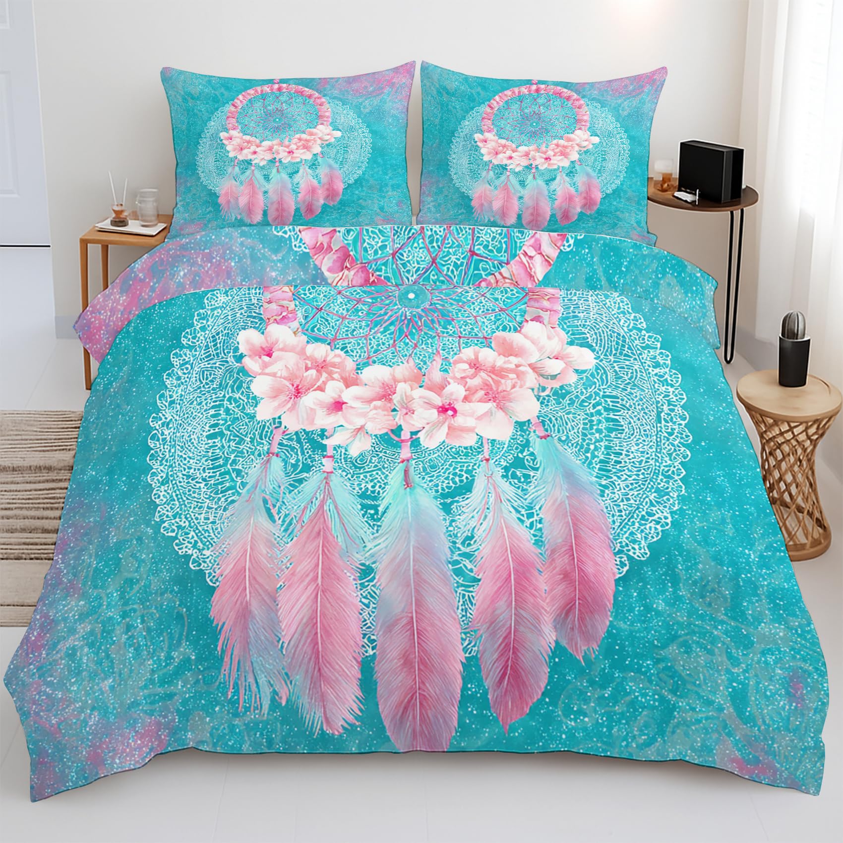 Housse de couette attrape-rêves 200x200 parure 4 pièces avec drap housse et taies