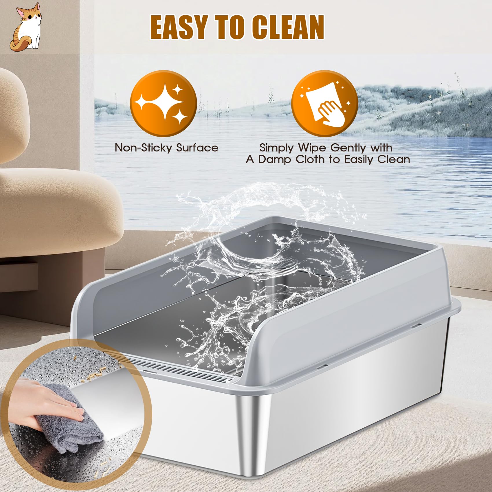 Bac à litière pour chat en acier inoxydable - Grand bac à litière étanche et semi-fermé - Nettoyage facile - Avec pelle à litière et tapis - 50 x 35 x 20 cm