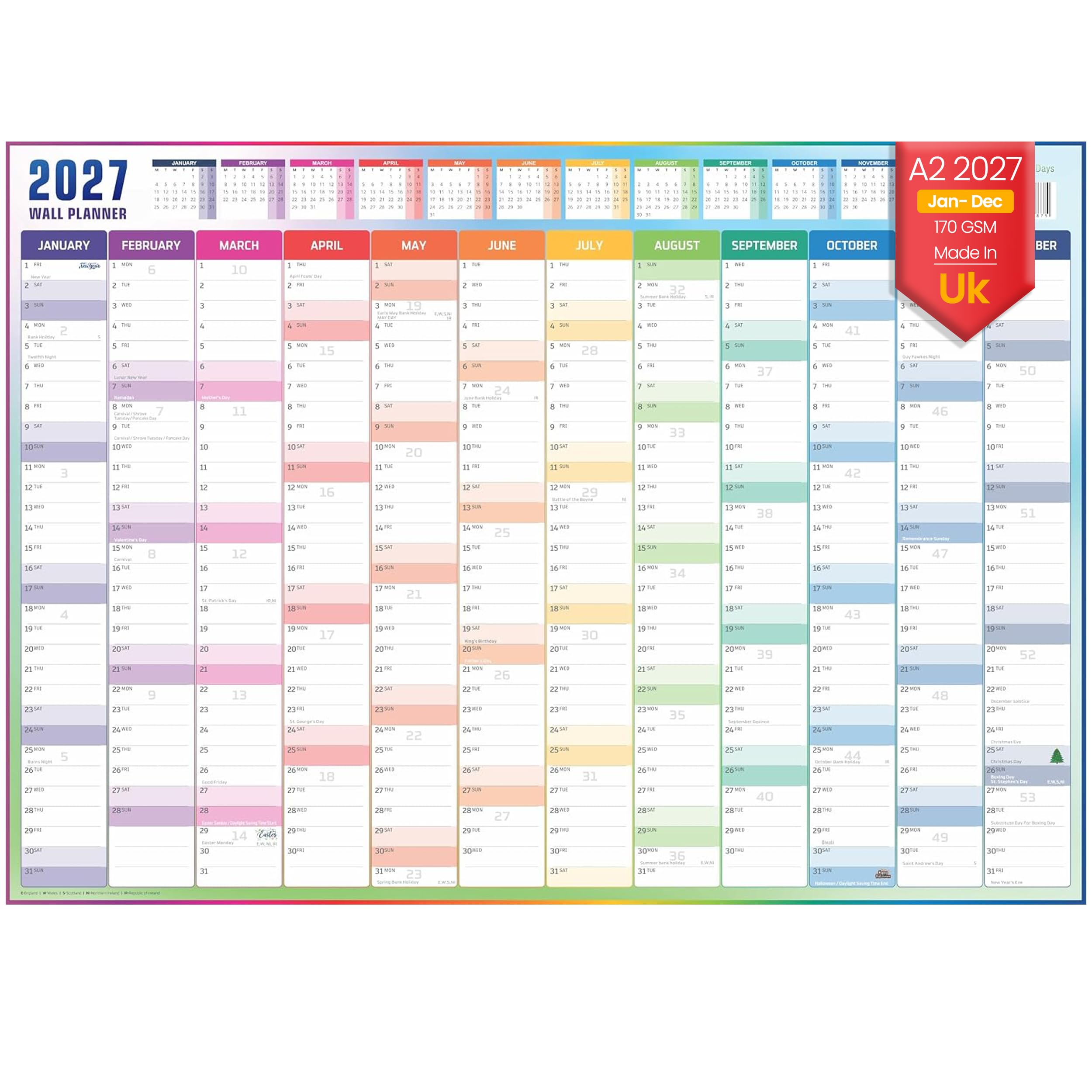 DITI Days 2027 A2 Wall Planner, 59x42cm Dry-Wipe UK & Ireland Calendar