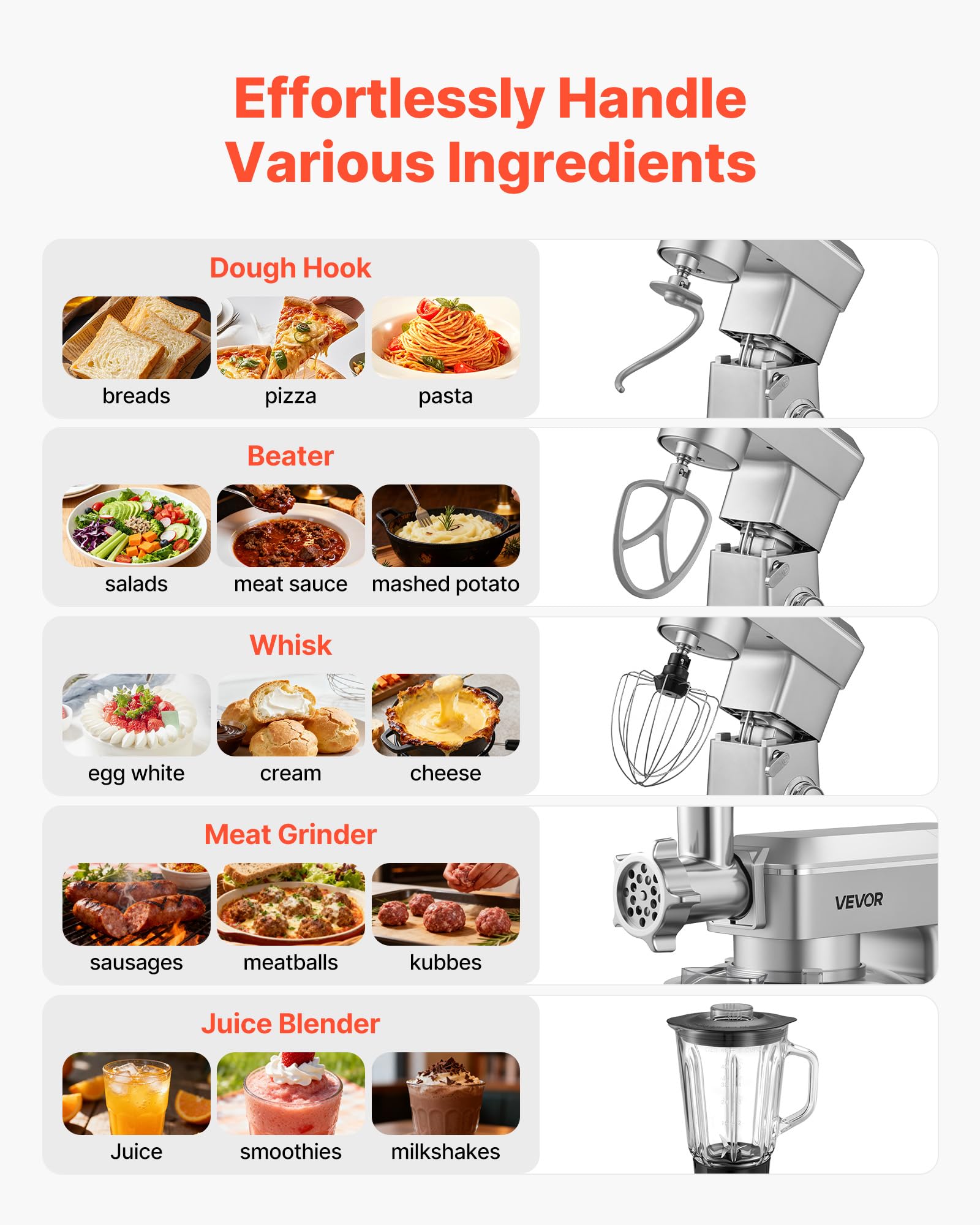 VEVOR Robot Pâtissier et Culinaire 4,3 L, Batteur sur Socle 1300 W avec Fonction Hachoir à Viande et Blender de 1,5 L, Batteur Mixeur 6 Vitesses avec Pulse, Bol en Inox, Mélange Fouettage Pétrissage