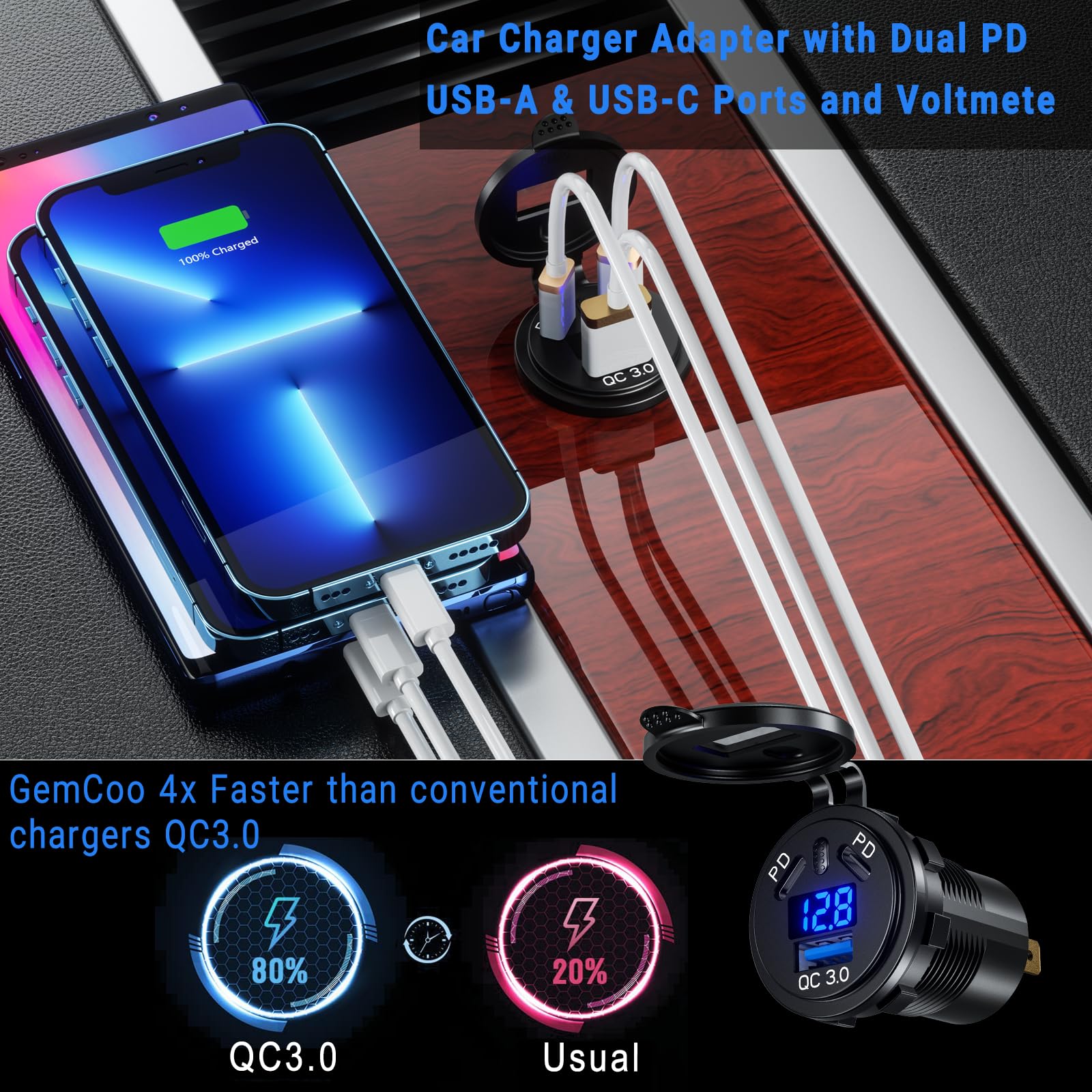 Caricatore Auto USB-C QC3.0 E PD 20W - Doppia Porta, Voltmetro LED, Fusibile Sostituibile - Foto 12