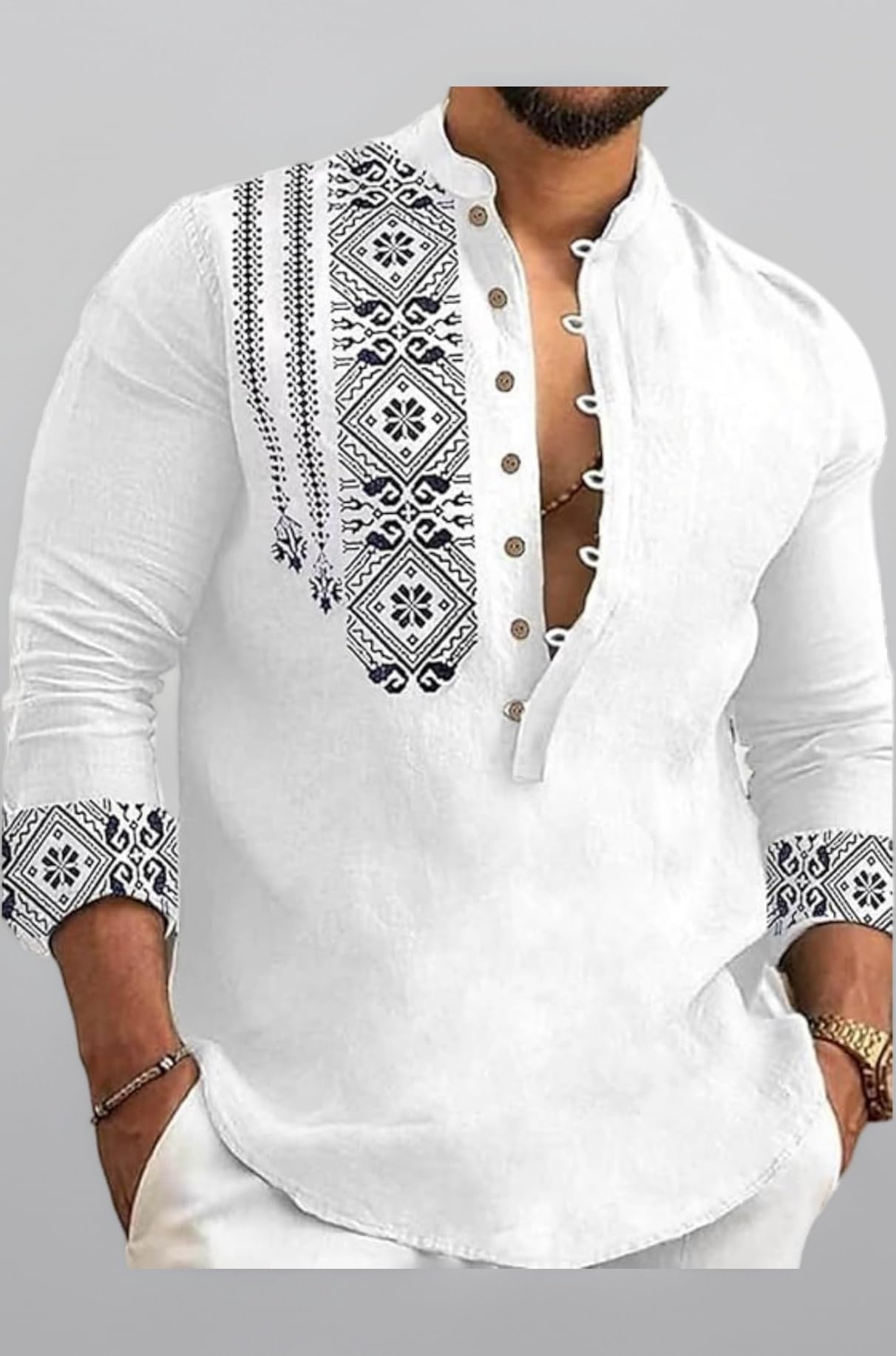 DEELMO Men's Cotton Blend Mandarin Collar Self One Design Full Sleeve Casual Short Kurta