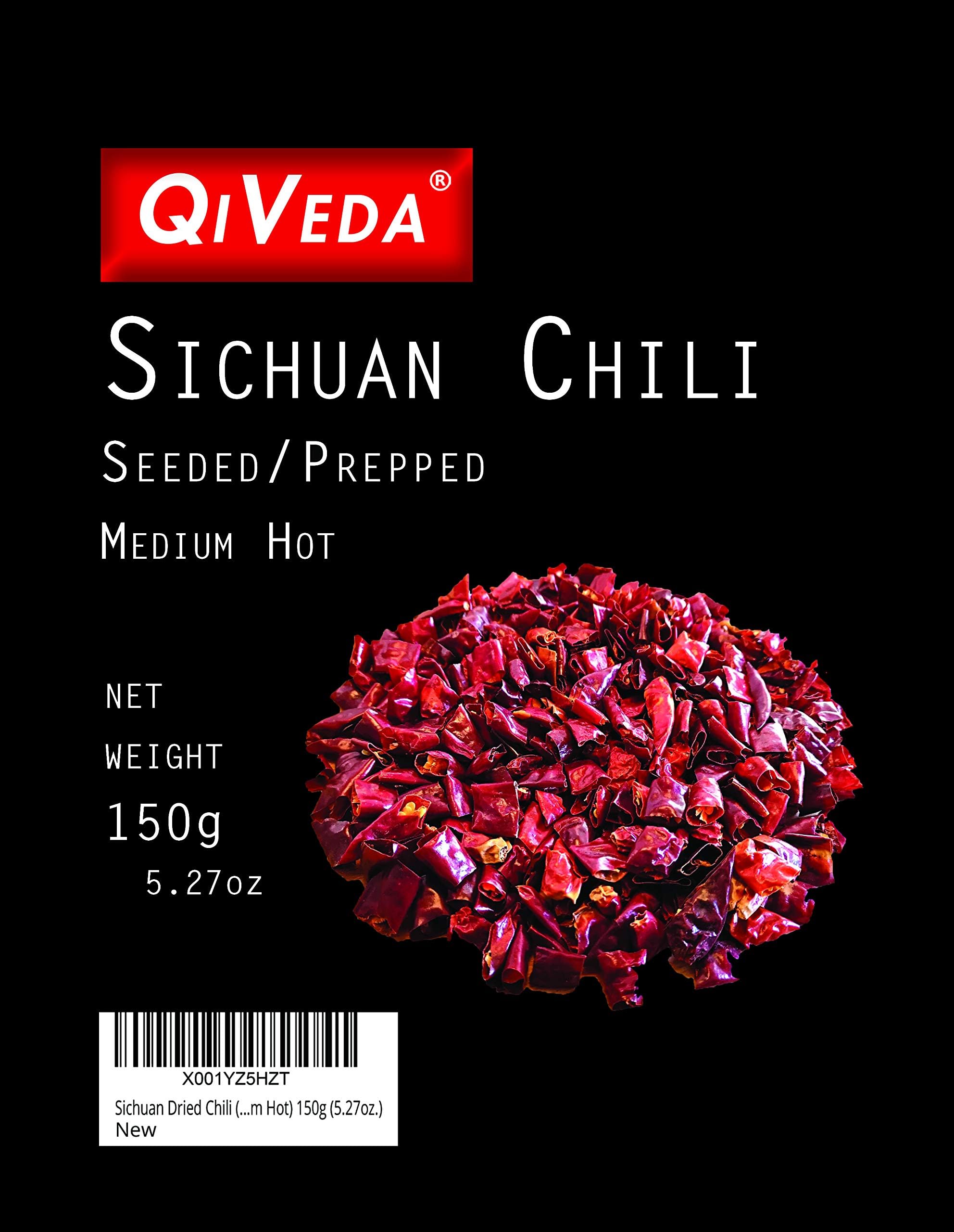 QiVeda Premium Sichuan Dried Chili (Dry Red Chile) Prepped & Seeded (Medium Hot) 150g (5.27oz.) Hot Chili Oil and Szechuan Hotpot