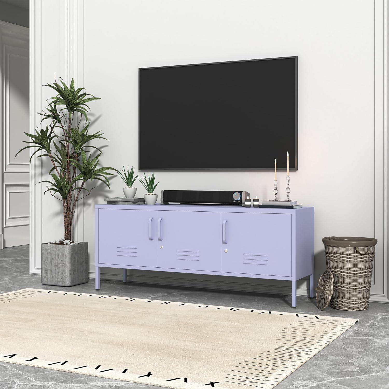Metal Storage Cabinet Adjustable Shelves TV Cabinet 22" H Purple Bedroom Storage Unit Metal Three-Door Storage Cabinet Unit for Living Room Easy Assembly Size： 13.77" D x 47.3" W x 21.7" H