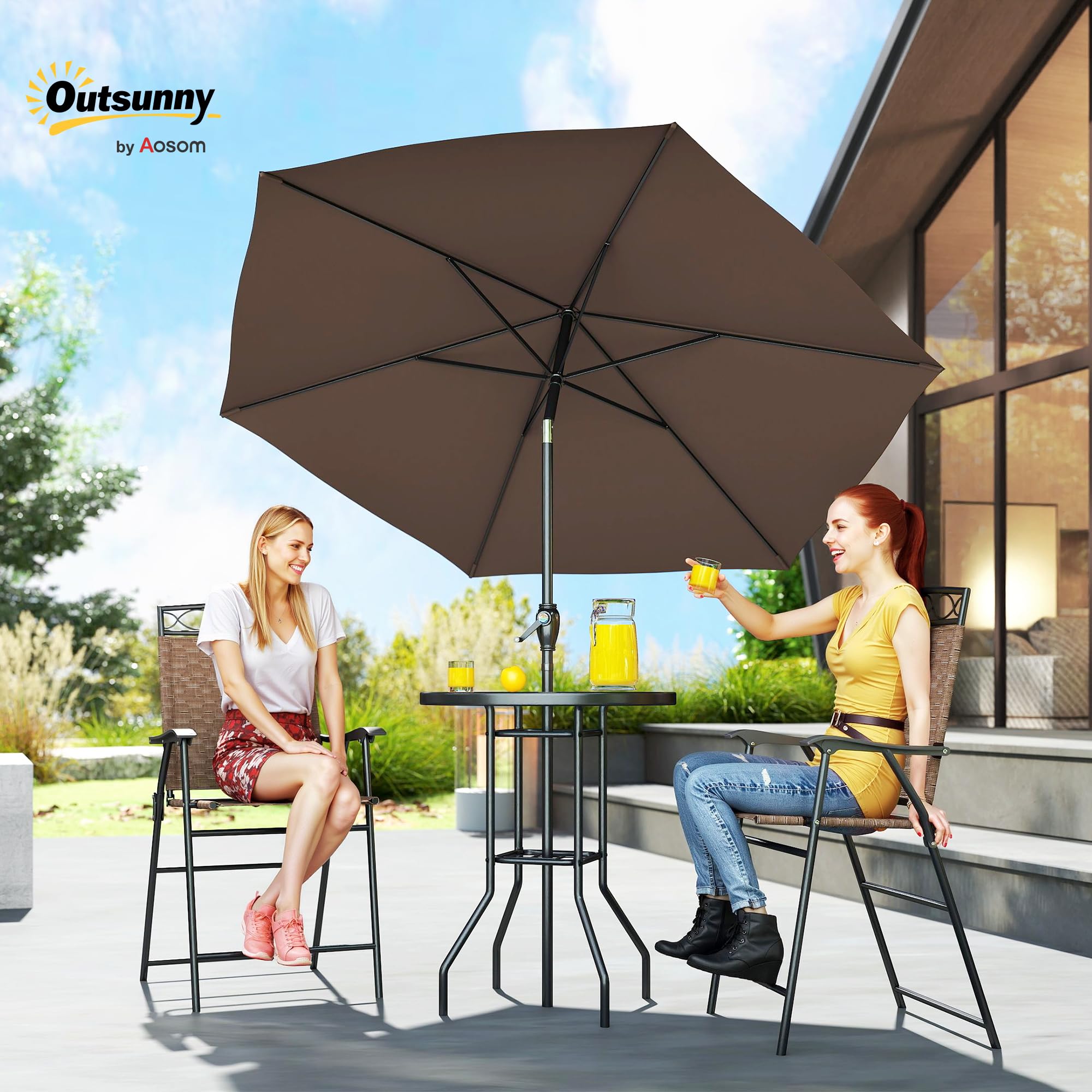 Juego de 4 muebles de comedor para patio al aire libre, 2 sillas plegables, paraguas de ángulo ajustable, mesa de comedor de vidrio templado con textura ondulada, color marrón 2