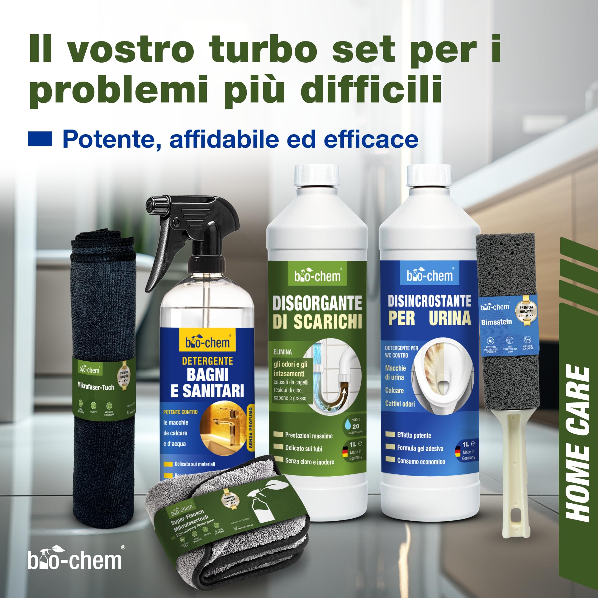 bio-chem Set di 6 detergenti per bagno, doccia e WC | Sbloccatore di scarichi 1L - Rimuovi calcare e urina 1L - Prodotto per superfici del bagno 750ml - Profi Set 6 prodotti