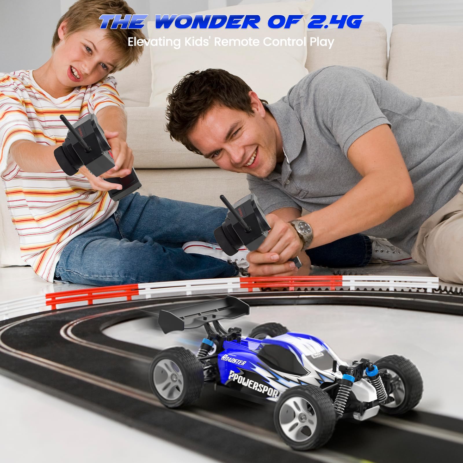 SIMREX Voiture télécommandée Tout-Terrain 1:18, 45 km/h, 4WD avec télécommande 2,4 GHz, Voiture RC avec 2 Batteries Rechargeables, Cadeau pour Enfants et Adultes, Bleu