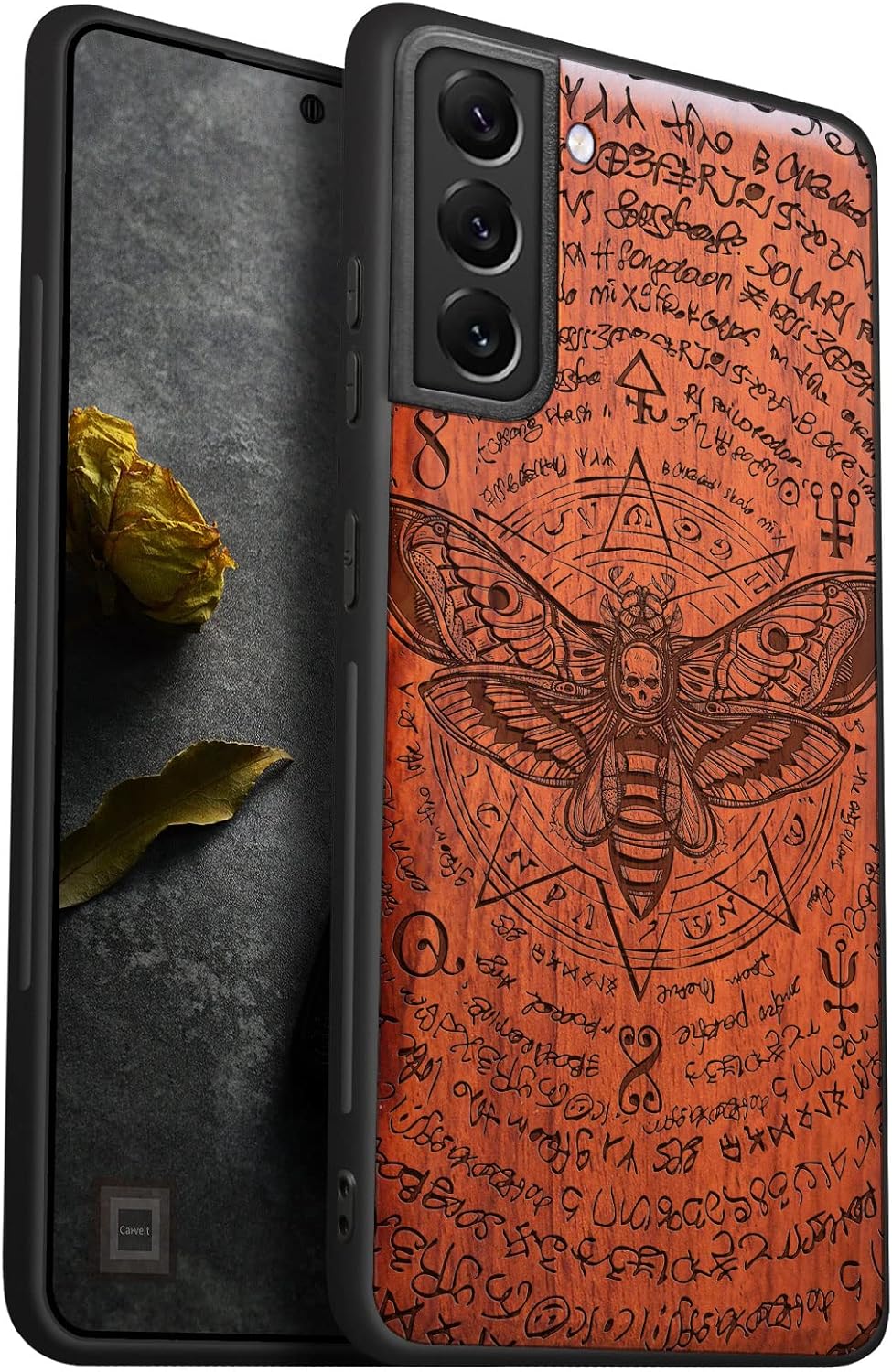 Carveit Wood Case for Galaxy S22 Case [Natural Wood & Black Soft TPU] Shockproof Protective Cover Wooden Design Compatible with Samsung S22 (Death's Head Moth-Rosy)