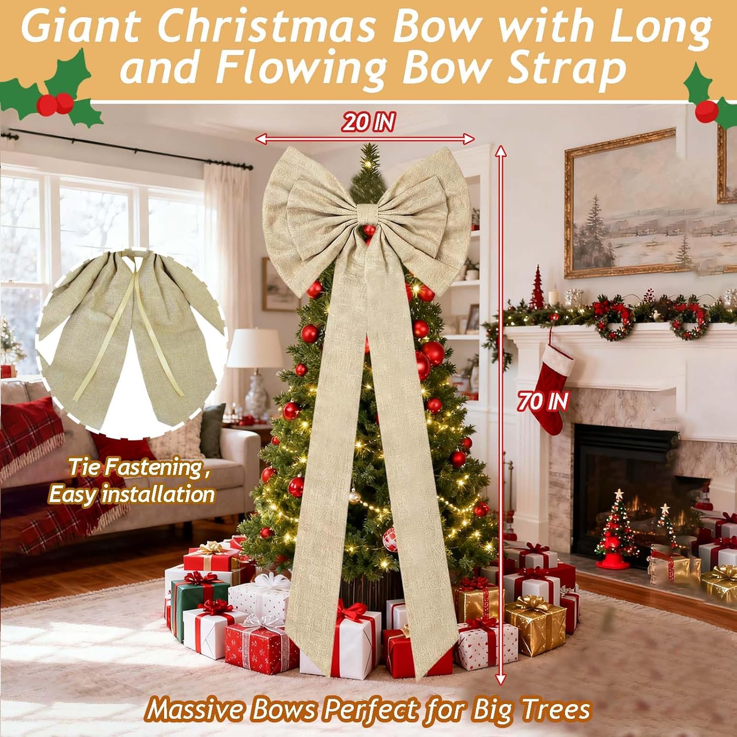 Extra Large Burlap Christmas Tree Topper Bows, Rustic Giant Christmas Bow Decorations Double-Layer Burlap Ribbon Bows with Long Streamers for Xmas Wreath Front Door Wall Wedding Farm Decor (20" X 70") - Image 2